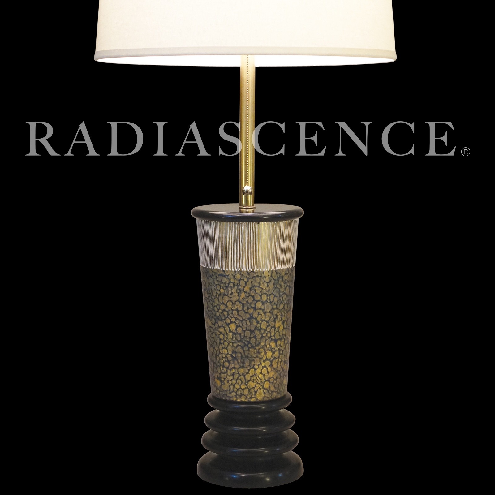 SUBLIME XXL MARBRO ATOMIC MODERN CHARLETON ART GLASS BRASS WOOD TABLE LAMP 1950s