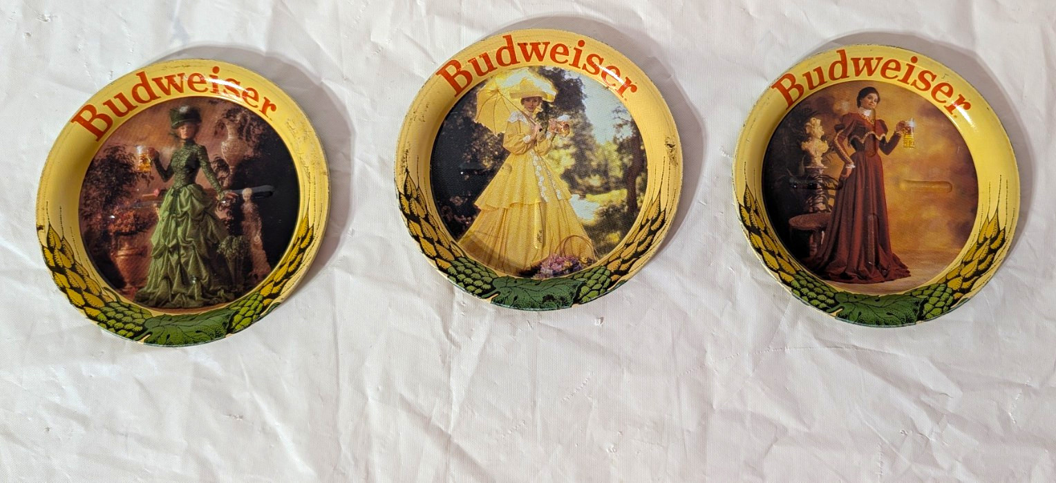 Budweiser Anheuser Busch VGT 3 Piece Metal Coaster Victorian Lady Design