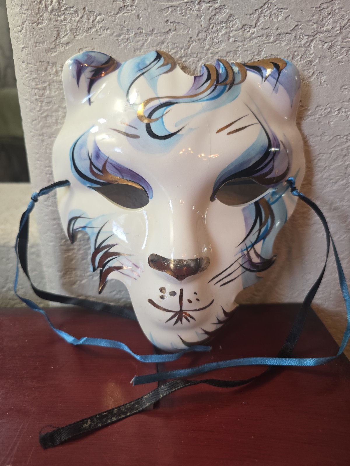 Vtg Judith Anton Signed Ceramic Tiger Mask Cat Wall Art Mardi Gras 80s 90s Deco