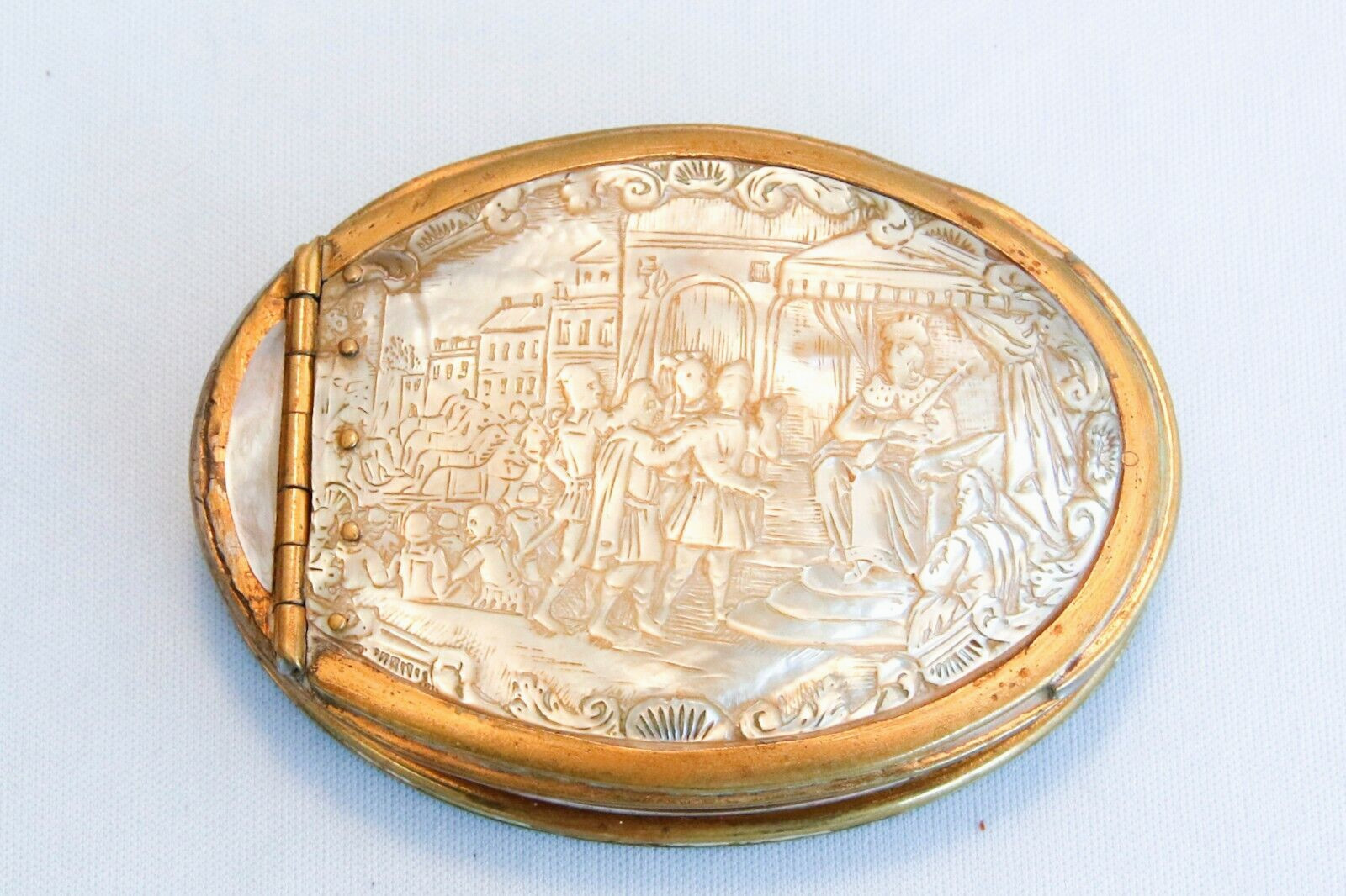 Rare 18th C Mother of Pearl Carved Snuff Box French King on Throne w Scepter 