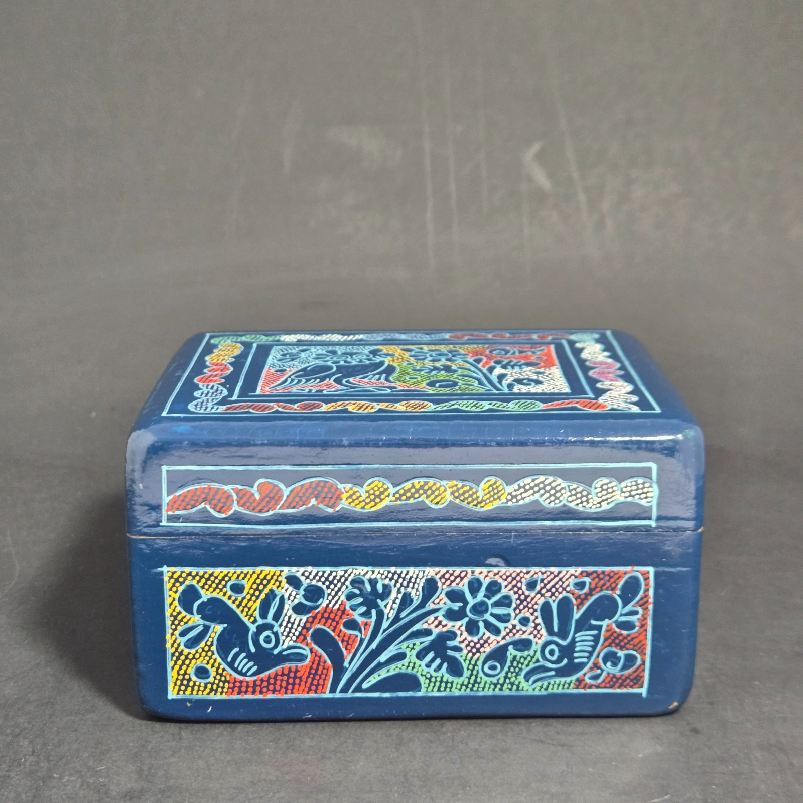 Vtg Mexican Oliana Lacquer Wood Box Hand Painted Folk Art Owl Floral Blue Case