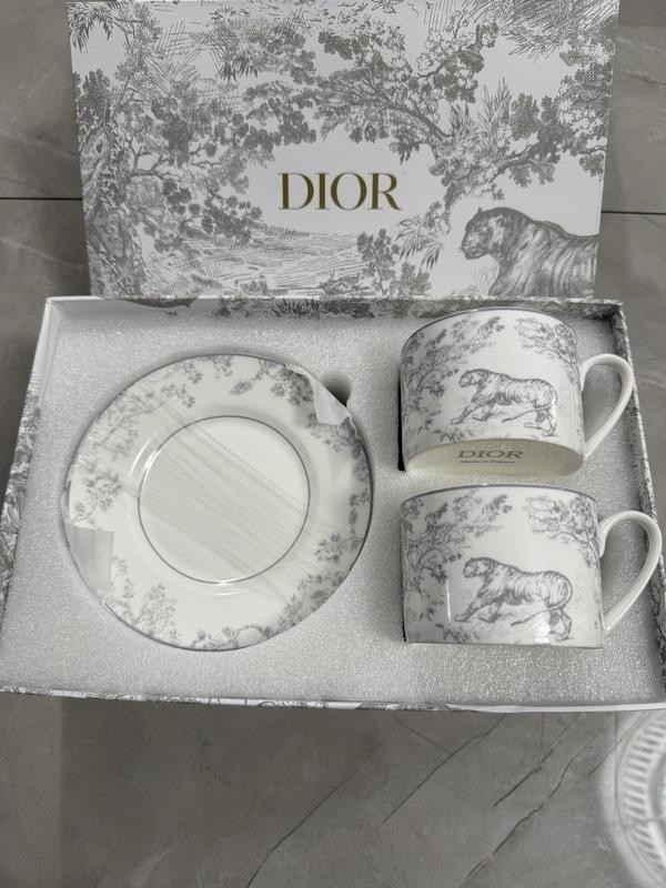 Dior Toile de Jouy Gray White Tiger Porcelain Mug Tea Cup Saucer Set for 2 Gift