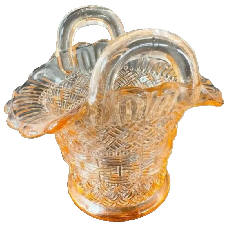 Vintage Dugan Peach Glass Basket Applied Handle Ruffled Edge Basket