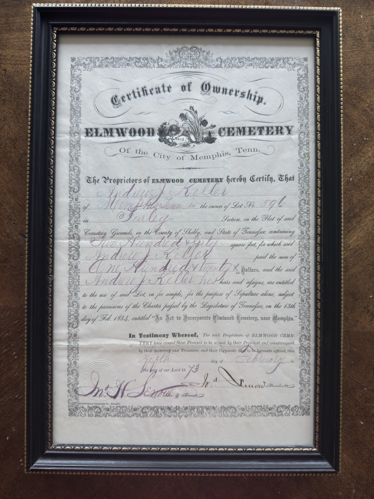 1873 Elmwood Cemetery Memphis TN – Certificate of Ownership – Framed
