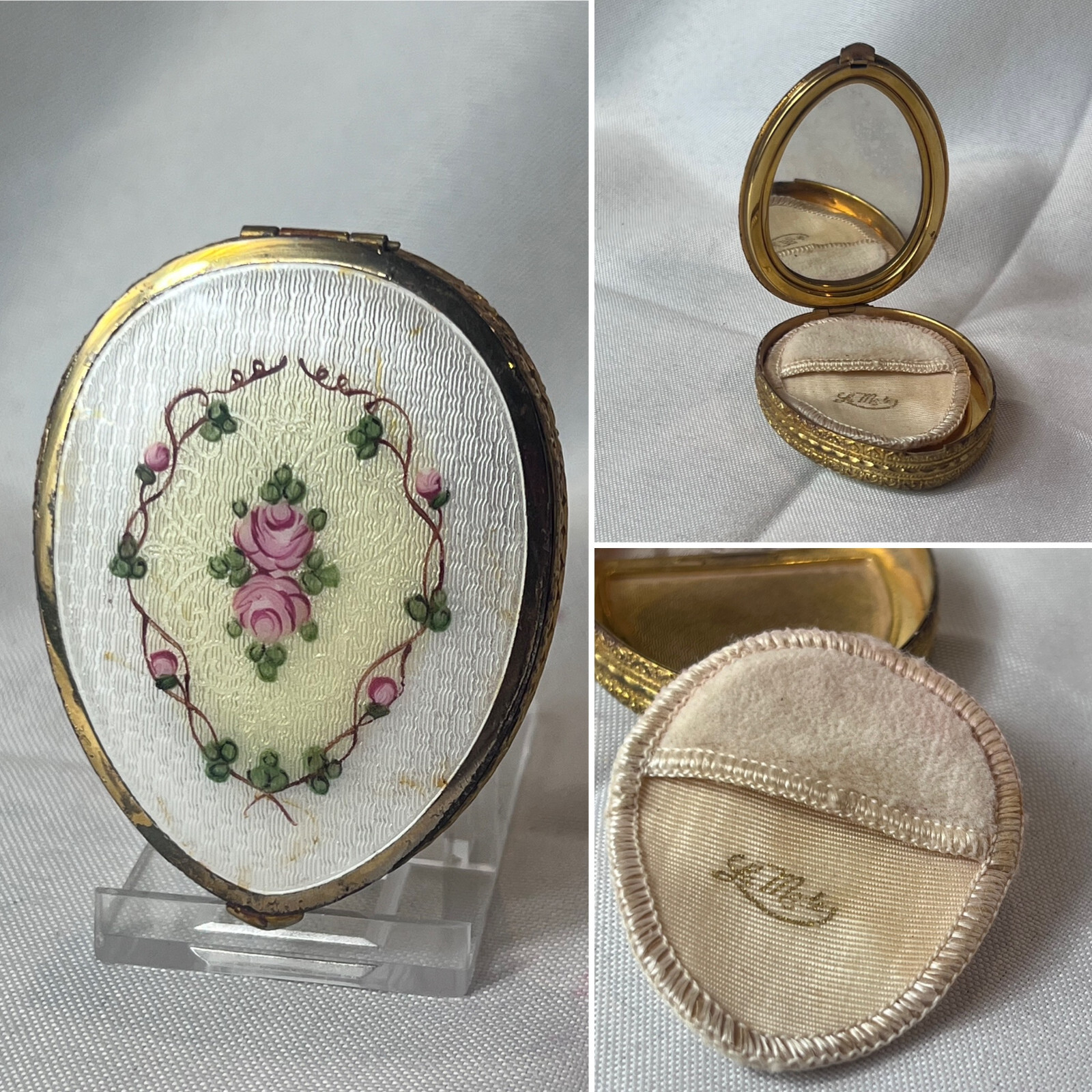 Antq La Mode Compact Guilloche Enamel Tear Drop Shape Double Vanity Powder Box