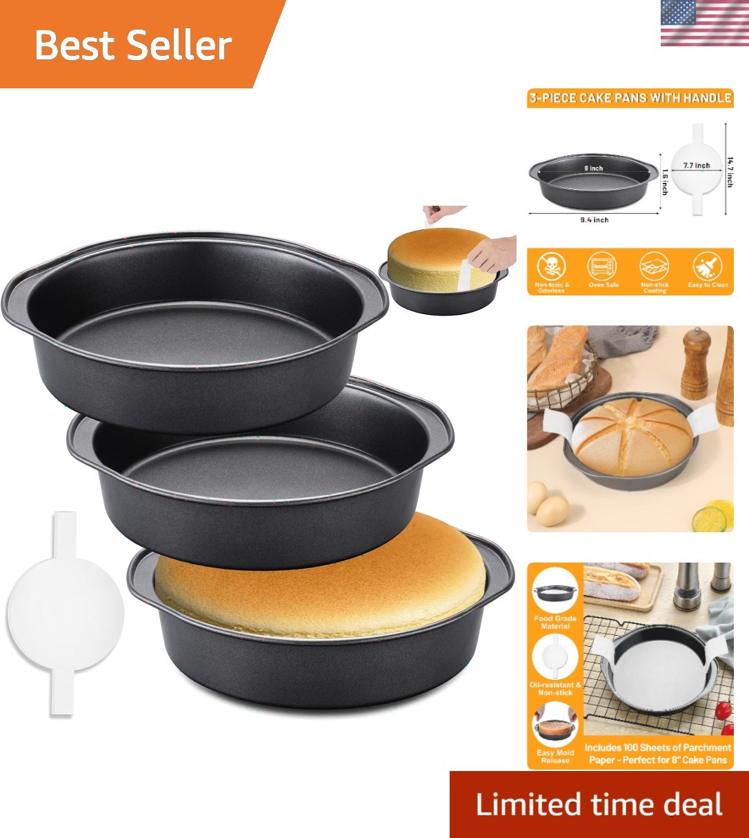 Versatile 8-Inch Round Cake Pan Trio - Non-Toxic Carbon Steel with 100 Liners