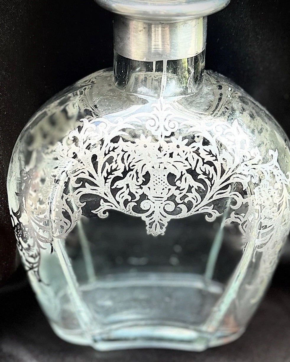 Antique Art Noveau Sterling Silver Overlay Glass Decanter Floral Flask Barware
