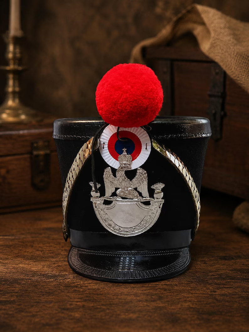 Napoleonic Shako Hat | French Infantry Replica Military Headgear, Red Pompom, Br
