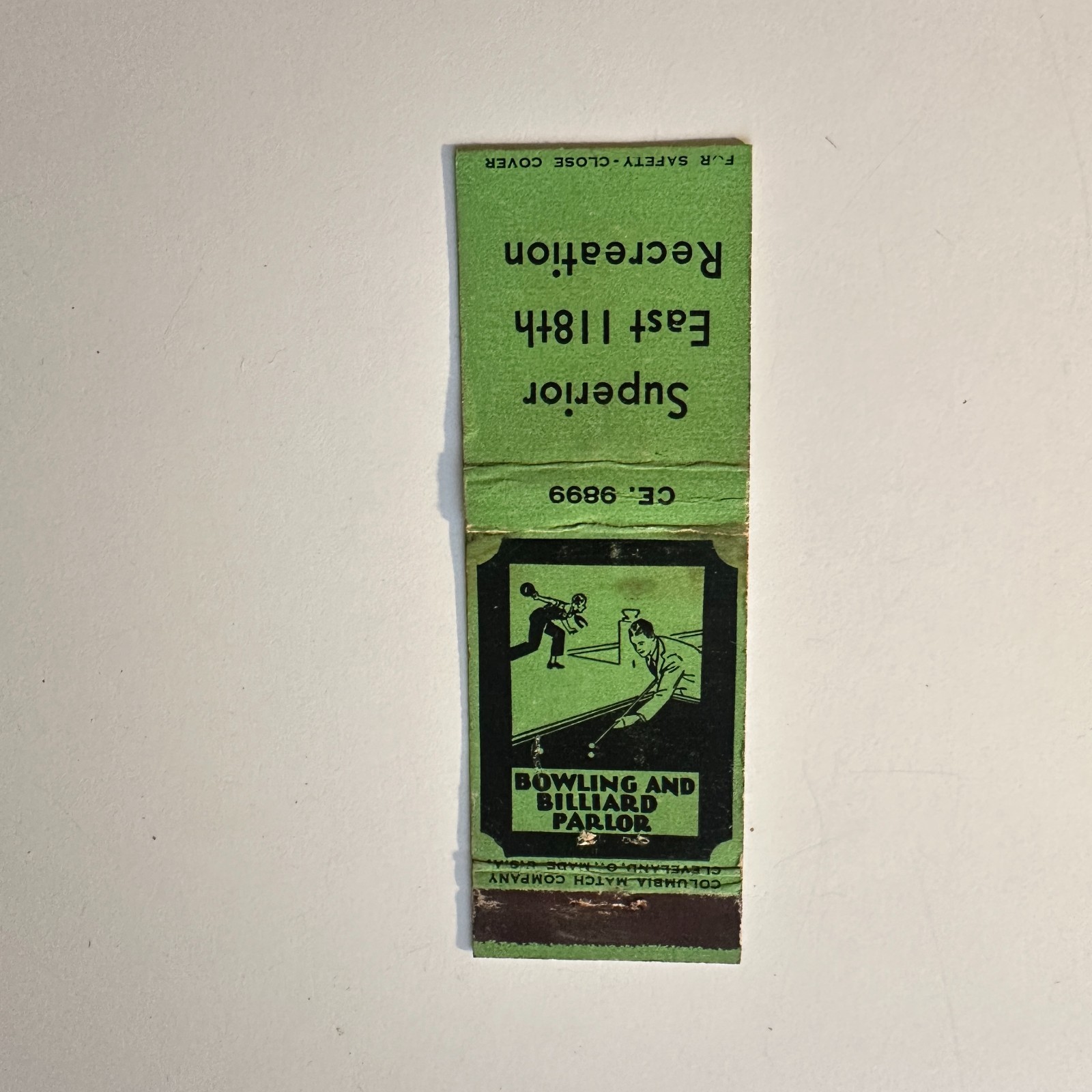 Bowling & Billiard Parlor Superior E 118th Rec Vintage Matchbook Cover 5MB126-1