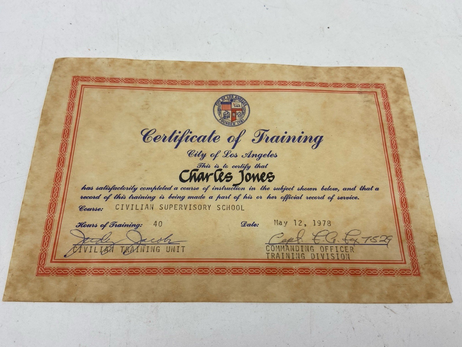 1978 Los Angeles Certificate of Training Civilian Supervisory School