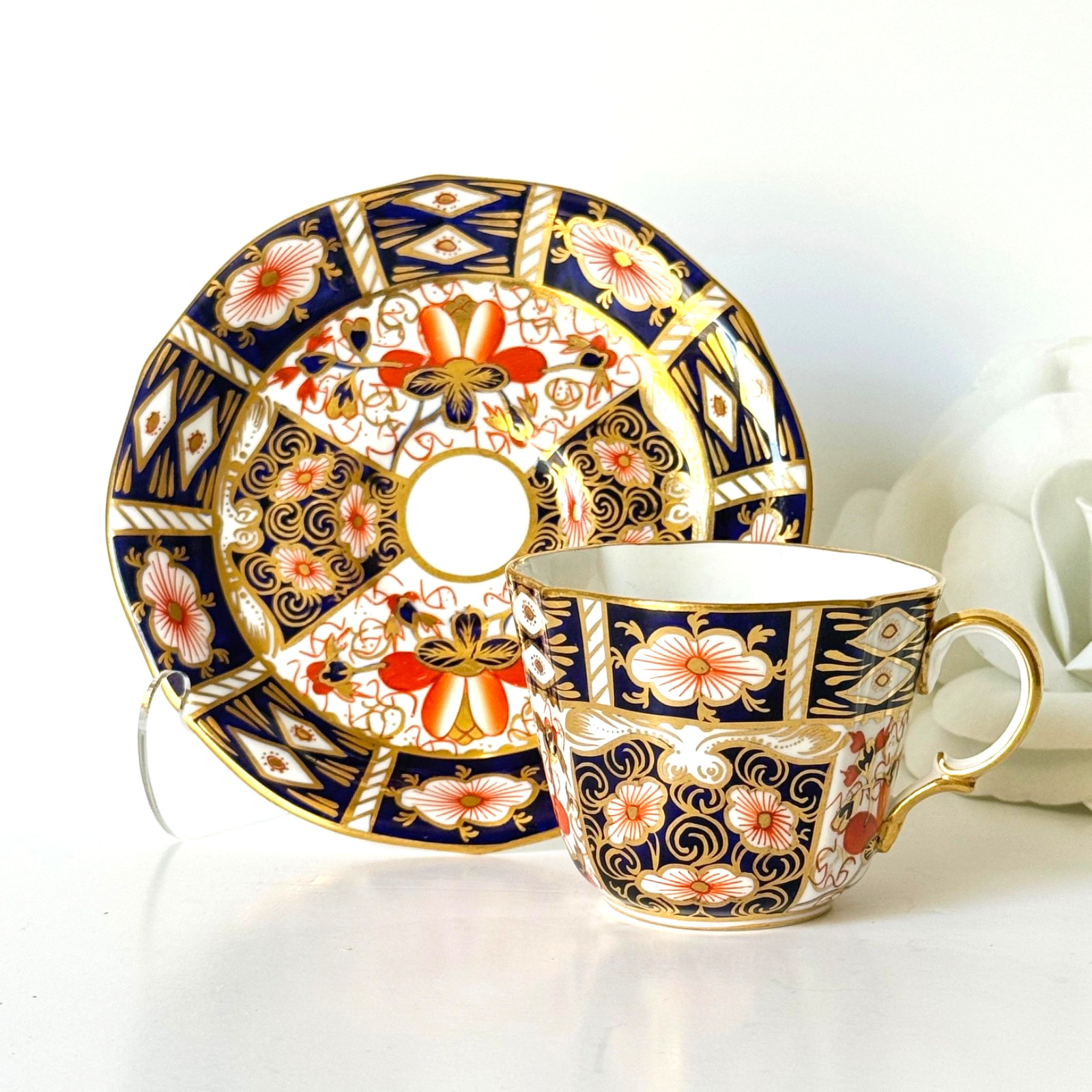 Vintage Royal Crown Derby Tea Cup Saucer Imari 2451 Gilded Floral Navy Coral