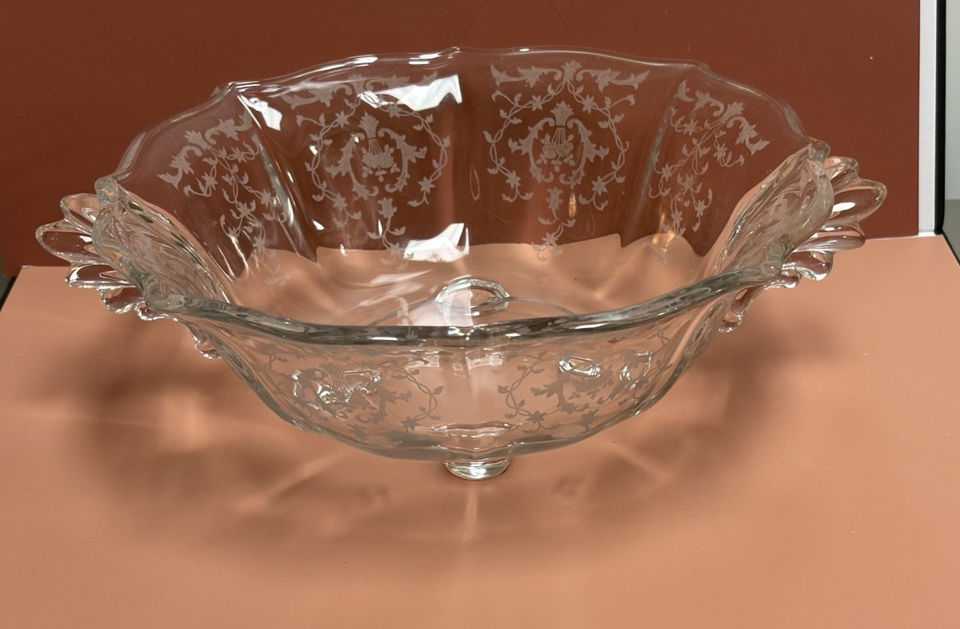 1930s Fostoria Navarre Etched Baroque Winged 4 Toed Centerpiece Bowl 13”x10” EUC