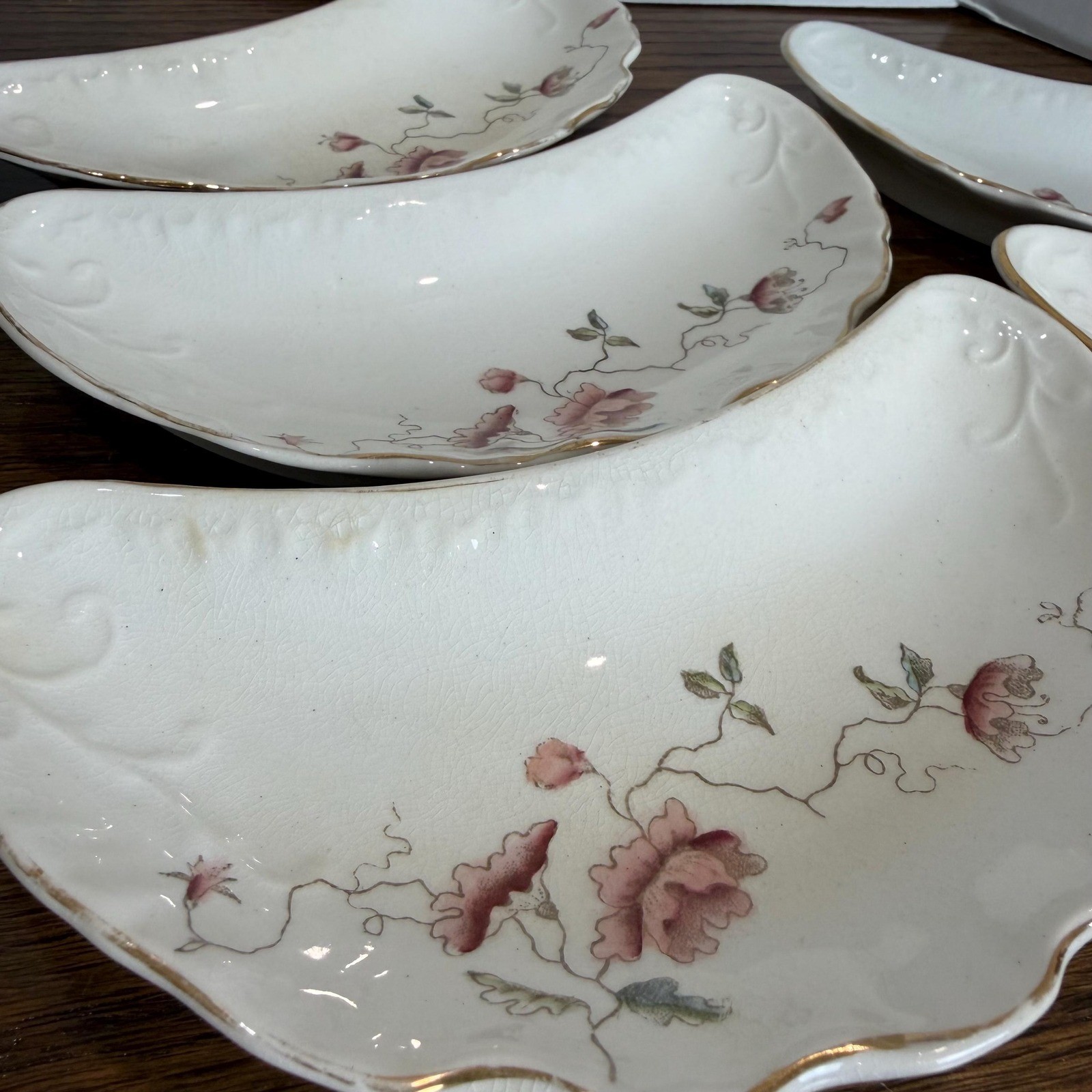 Antique Crescent Bone Dishes Set of 6 Victorian Floral O.P. Co China