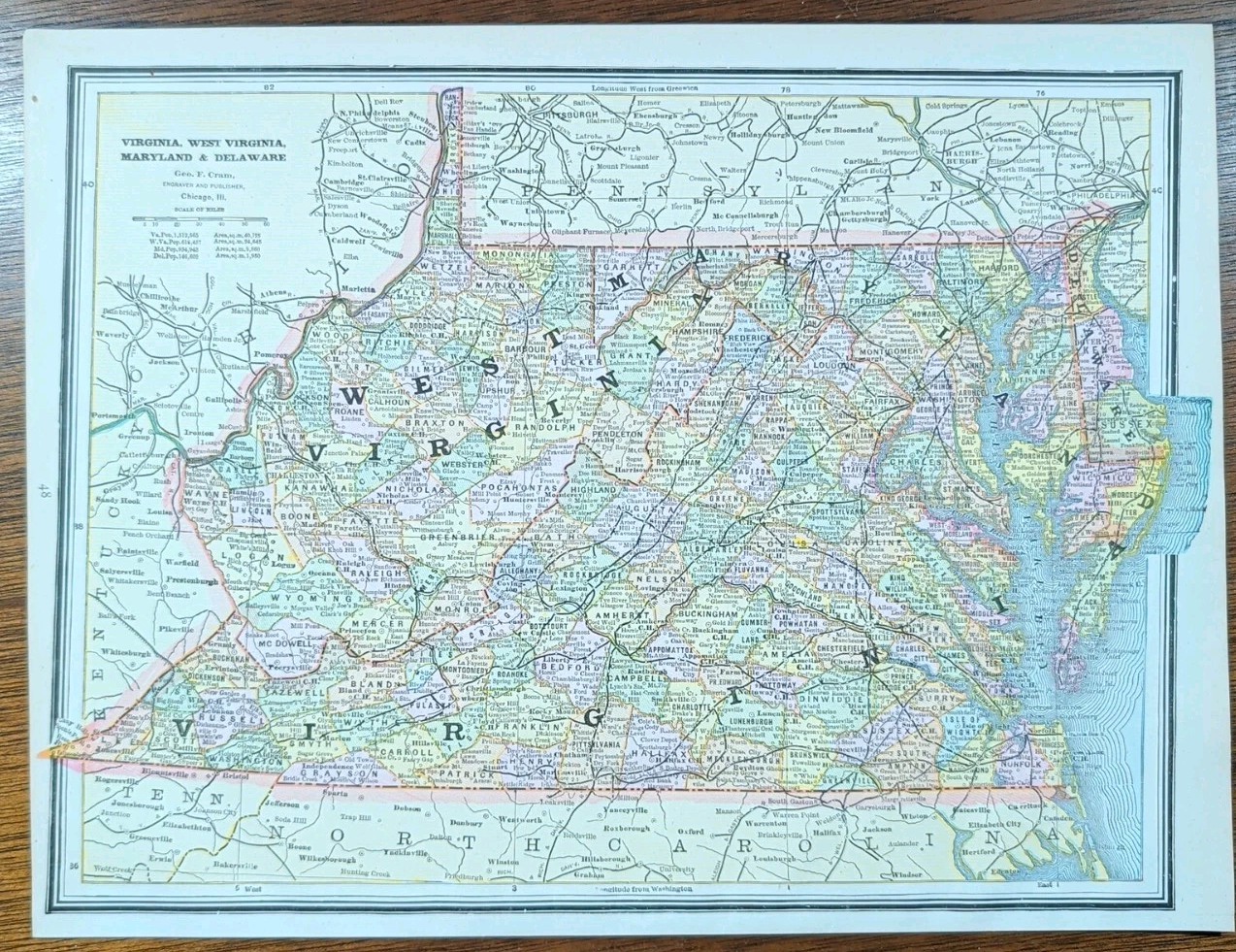 Antique 1889 VIRGINIA WEST VIRGINIA MARYLAND DELAWARE Map 13\