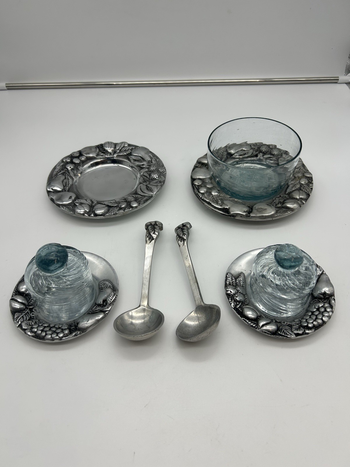 9 Pc Pewter Metal Floral Fruit Butter Dish Candle Holder Serving Platter Decor