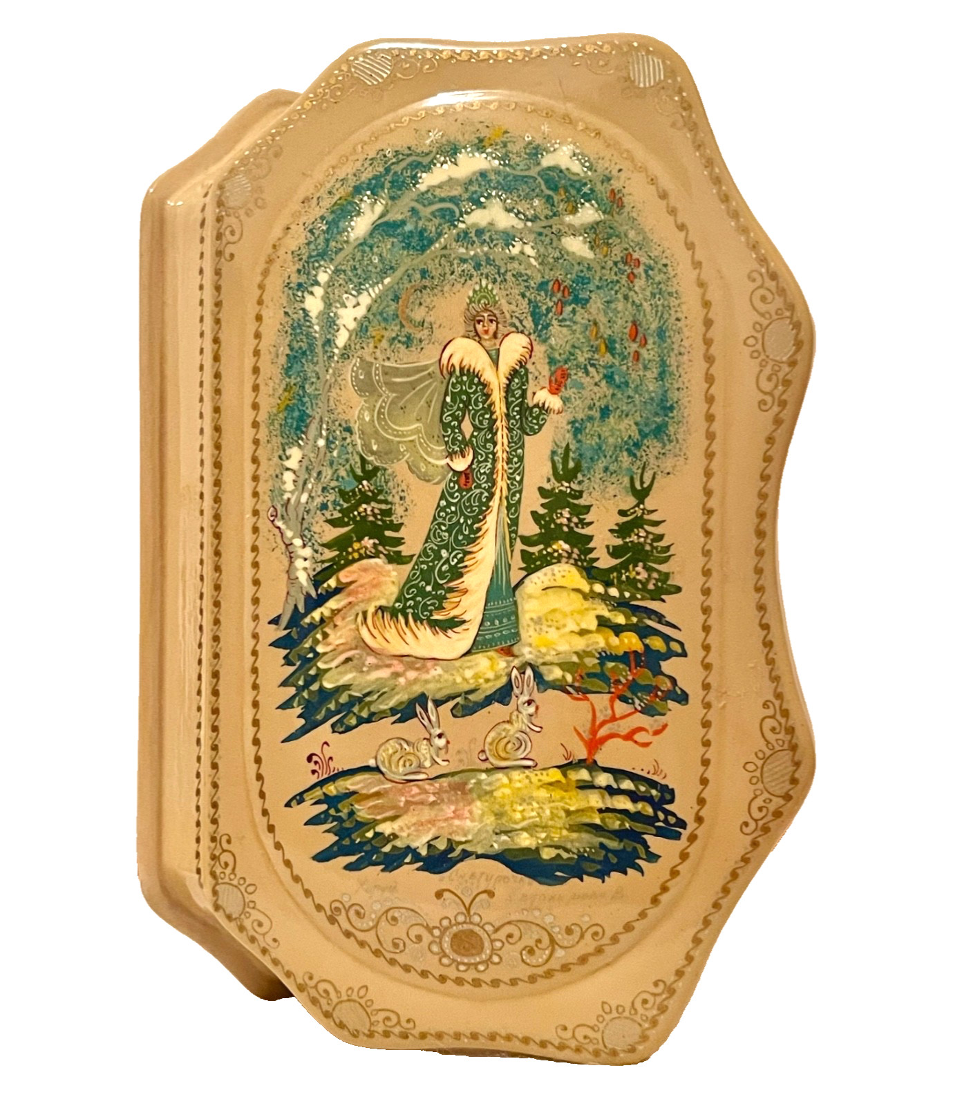 🔥OOAK RARE EXQUISITE 22K GOLD KHOLUI SNOW MAIDEN LARGE RUSSIAN LACQUER BOX SIGN 🔥OOAK RARE EXQUISITE 22K GOLD KHOLUI SNOW MAIDEN LARGE RUSSIAN LACQUER BOX SIGN