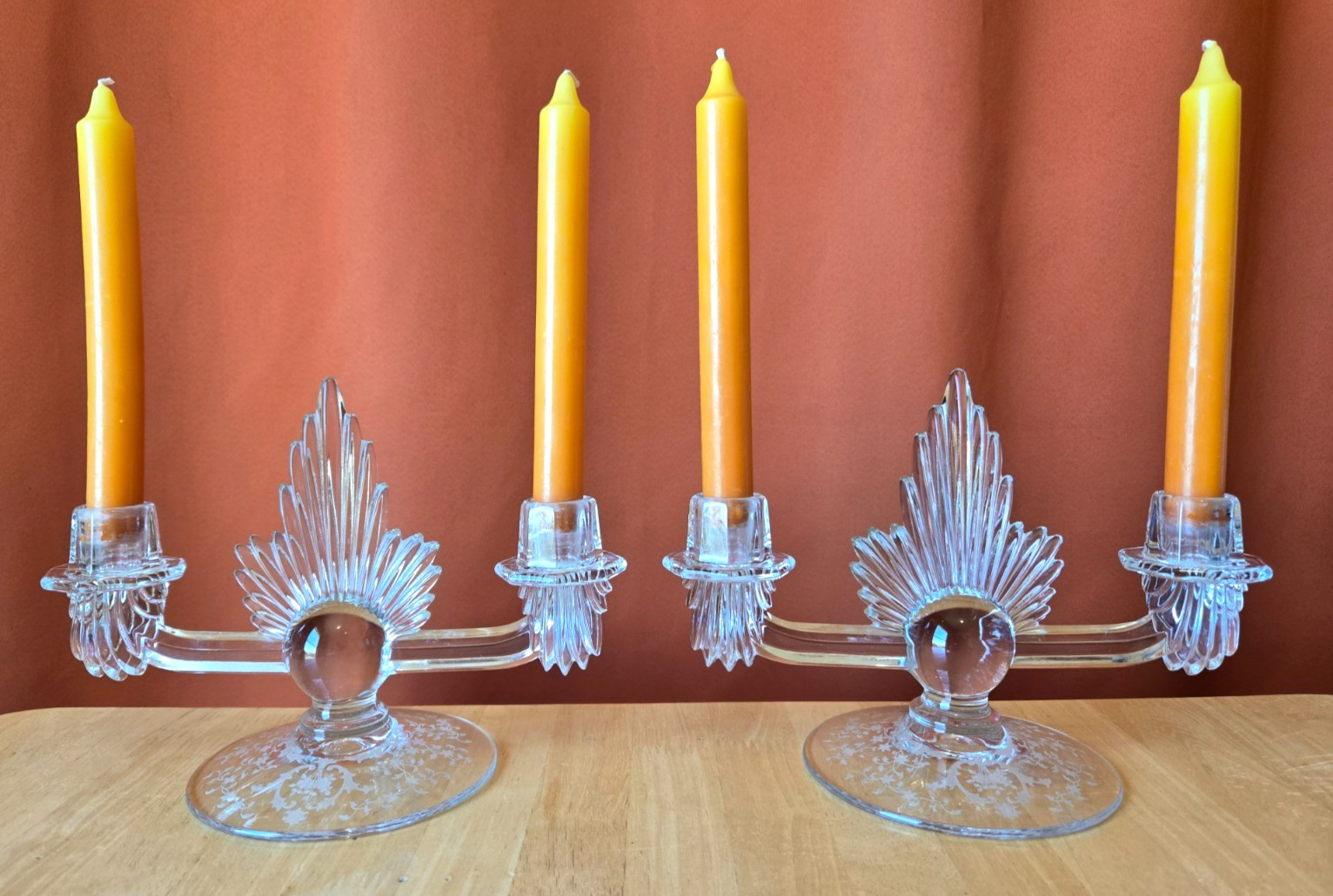 Pair of 2 Fostoria Clear Baroque Flame Double-Arm Etched Base Candle Holders Pair of 2 Fostoria Clear Baroque Flame Double-Arm Etched Base Candle Holders