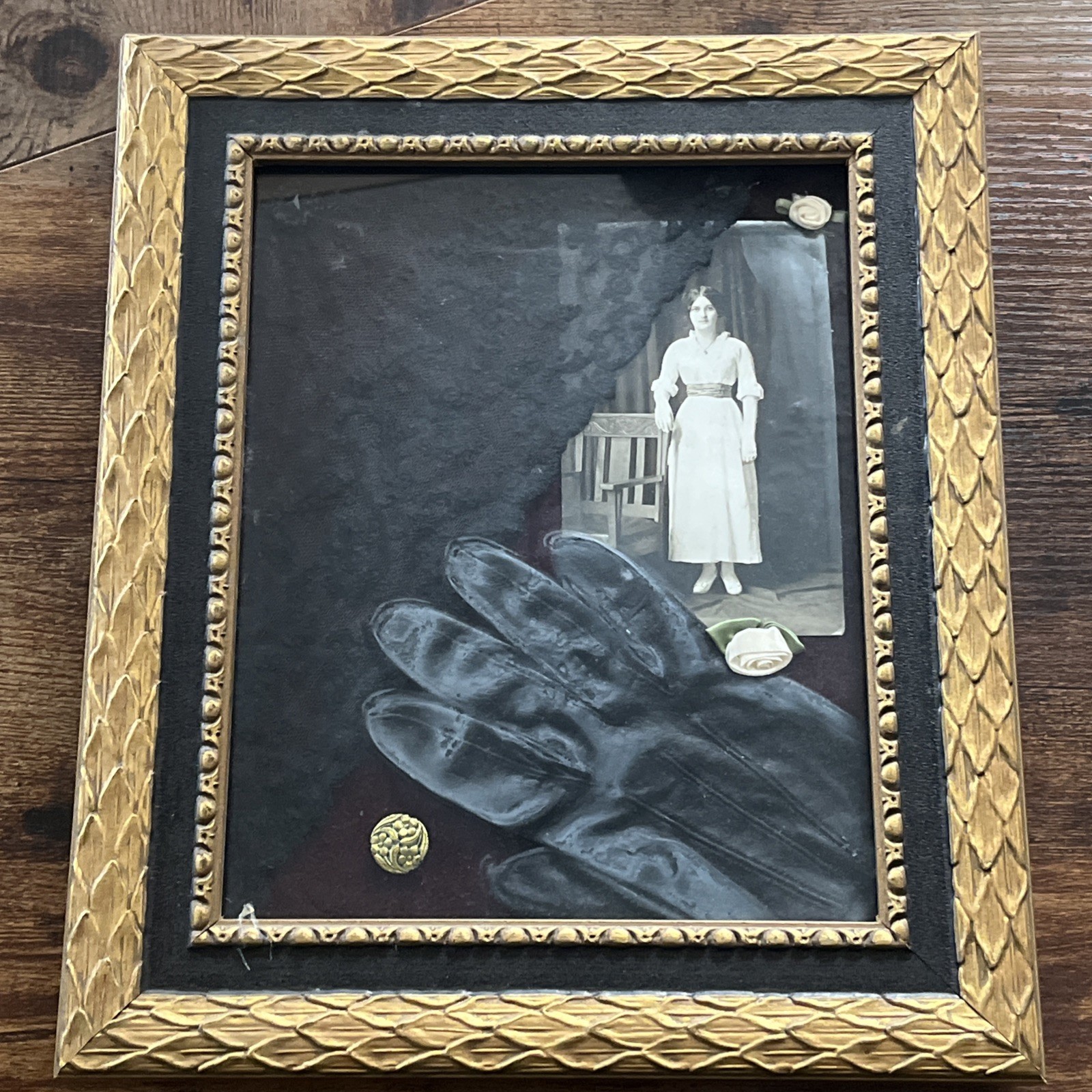 Victorian Shadow Box Black White Photograph Veil Button Glove