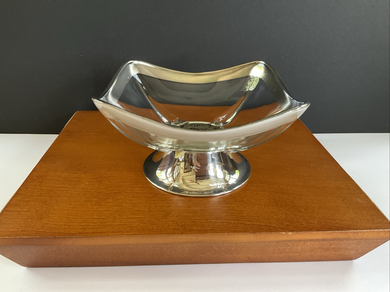 Georges Briard Signed Glass MCM 6.5” Square Dish On Silver Pedestal - Rare