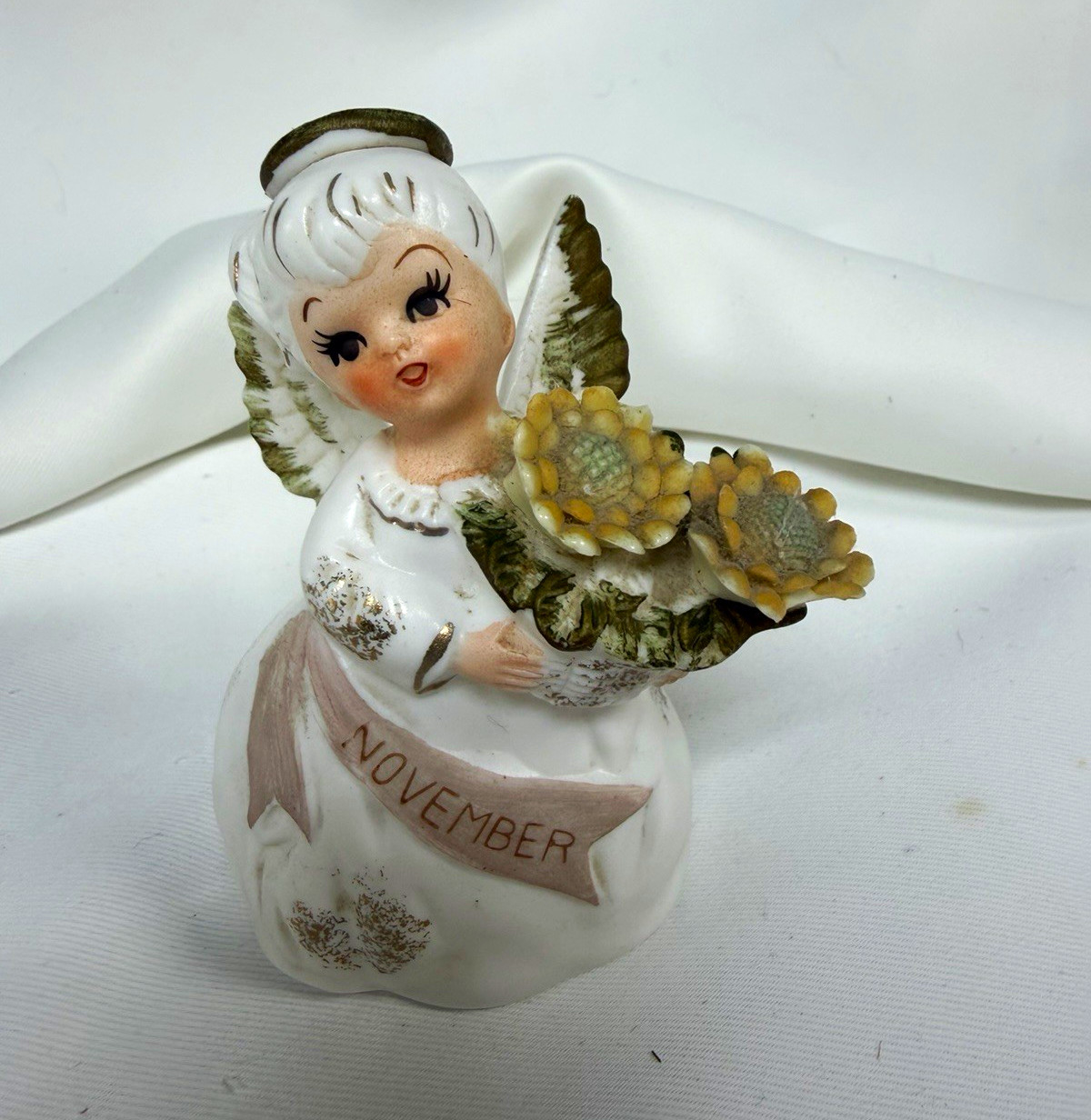 Vintage Lefton November Birthday Angel 3332 Pink Sash Yellow Flowers 4\