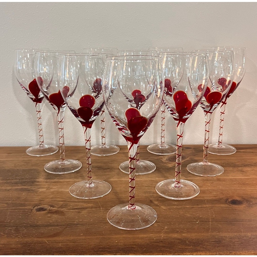 Vtg Clear Art Glass Wine Goblets with Red Swirl Stems Unique Barware Set of 10