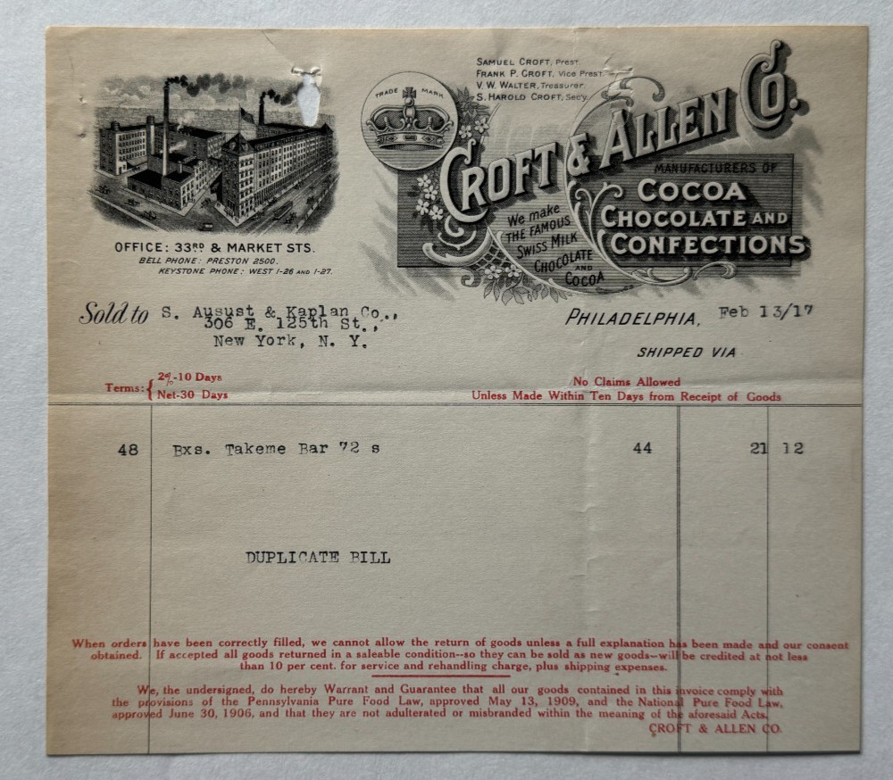 Vintage 1917 Billhead Philadelphia PA Croft & Allen Cocoa & Chocolate vignette