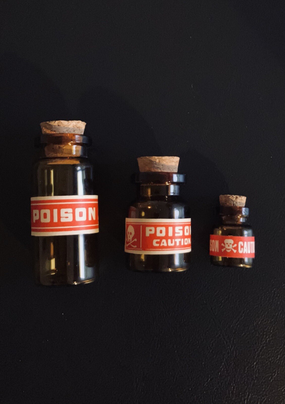 Vintage Poison Vials - Set of Three - Skull and Crossbones Labels - VERY RARE Vintage Poison Vials - Set of Three - Skull and Crossbones Labels - VERY RARE