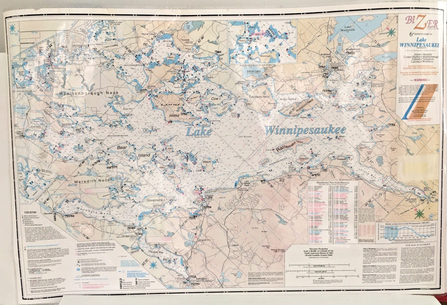 Map Lake Winnipesaukee NH Navigation Depth Chart Laminated 1984 Bizer Co Vintage