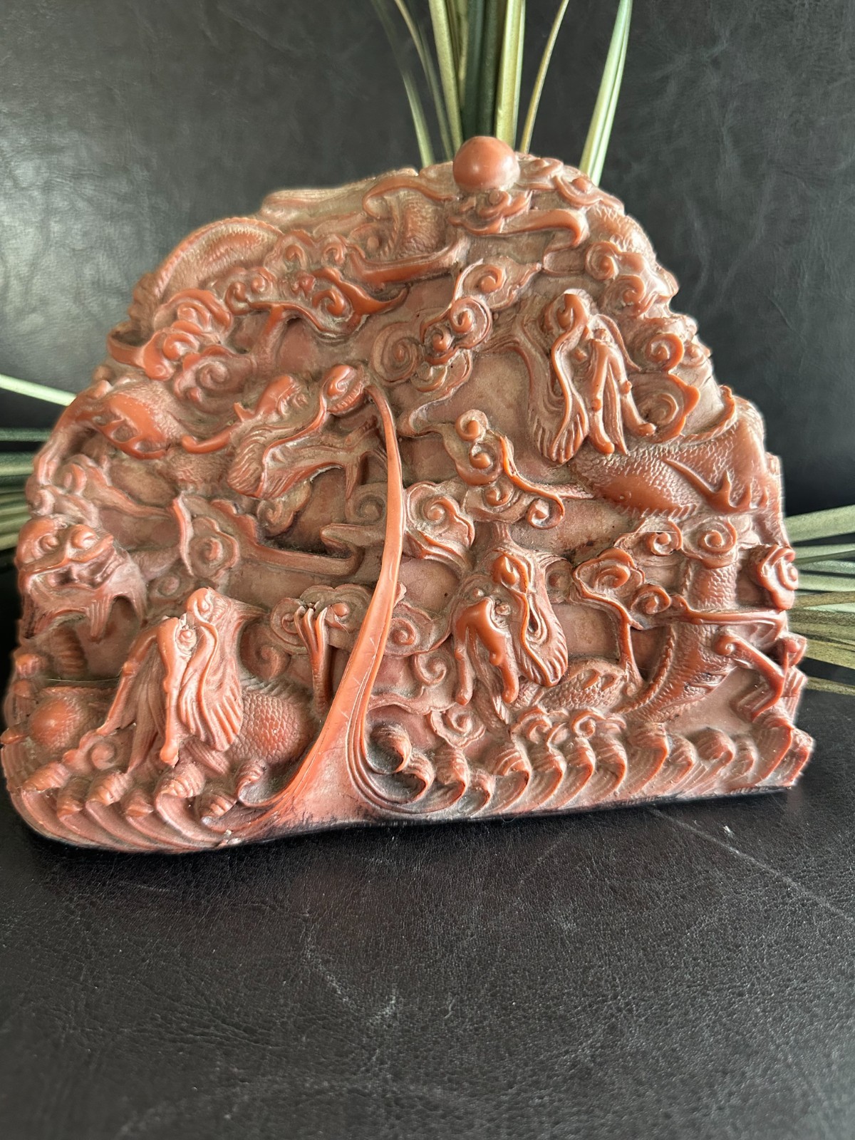 Vintage Chinese Faux Cinnabar Dragon Sculpture Oxblood Red Resin Asian Decor