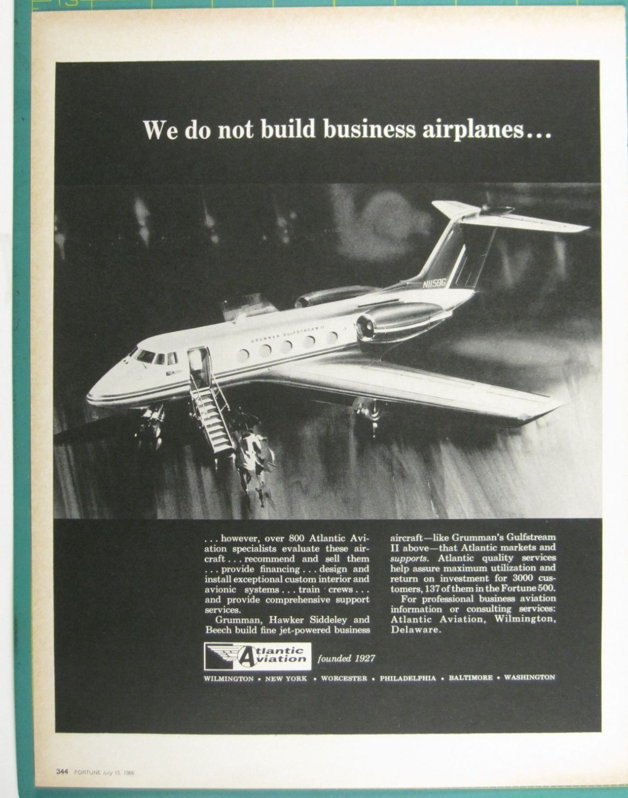 Print Ad Atlantic Aviation Grumman Gulfstream II Jet Airplane 1966 Vintage MOD