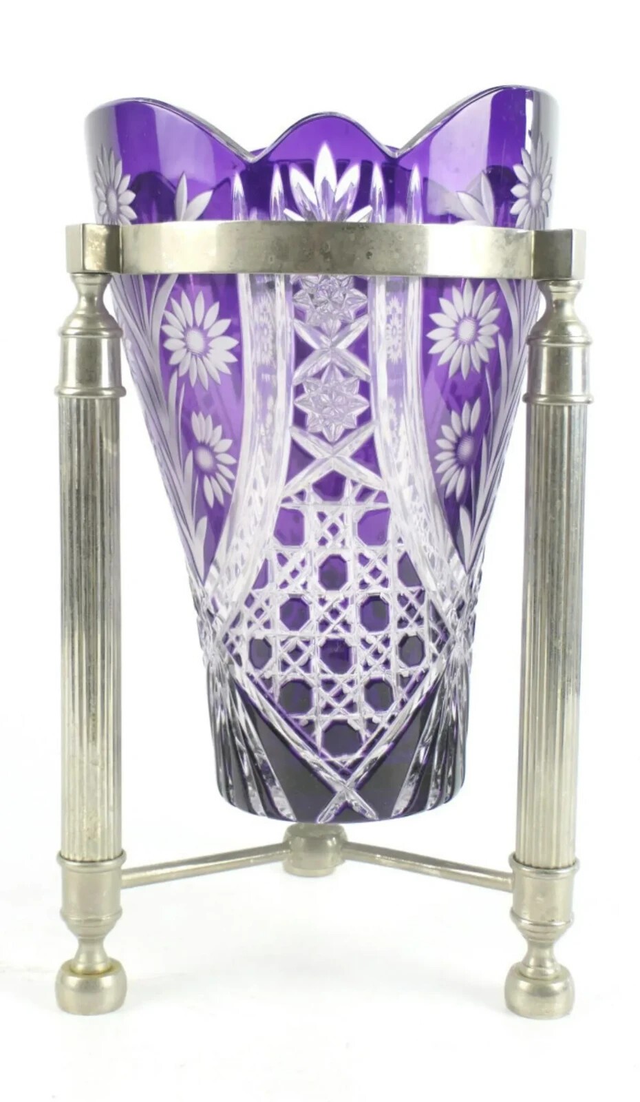 Antique Vase  Brilliant Cut Purple/Clear Crystal With Silver Stand