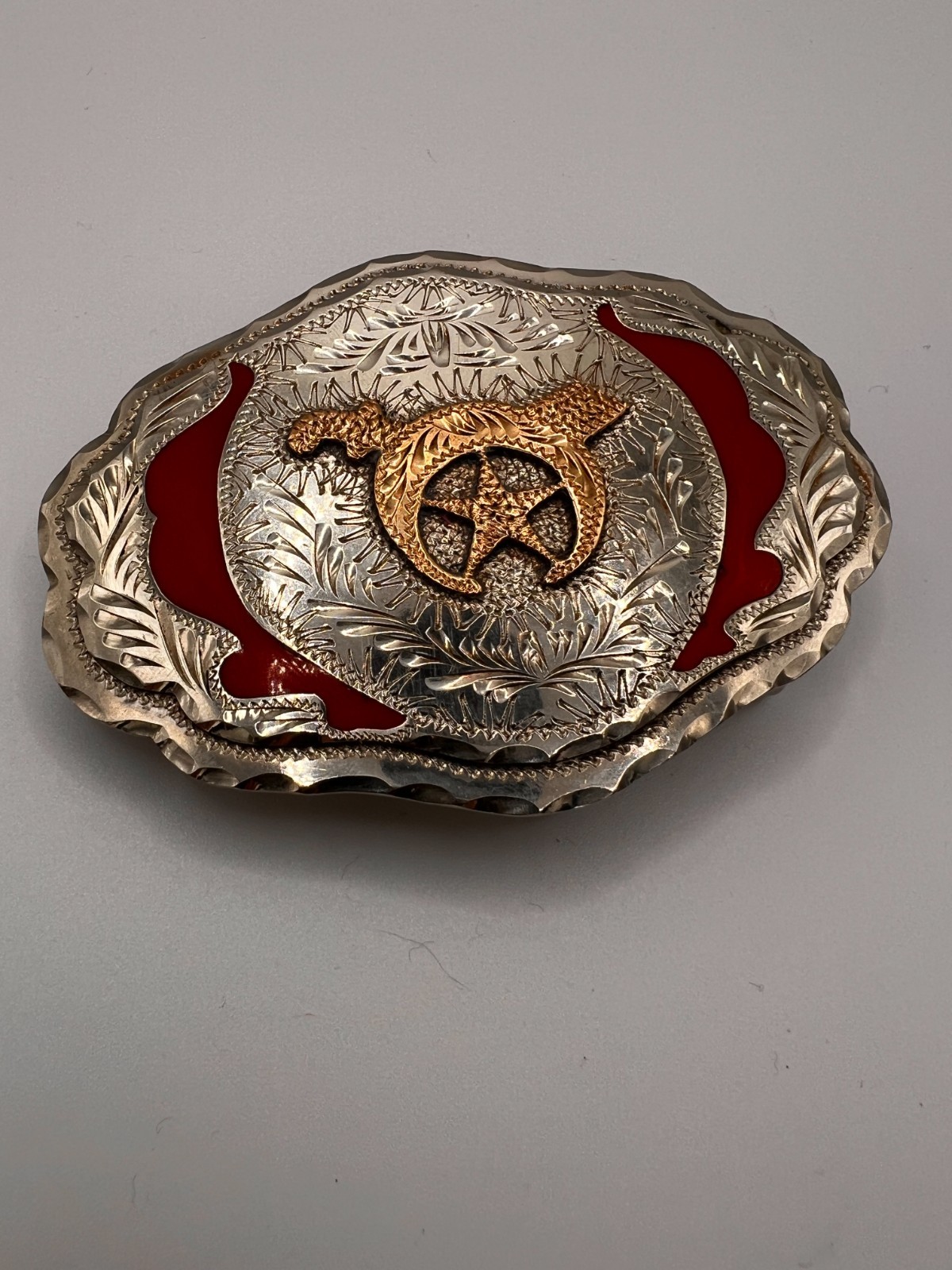 Hand Made Shriner Belt Buckle Silver Tone with Gold Tone Accent 3.4oz