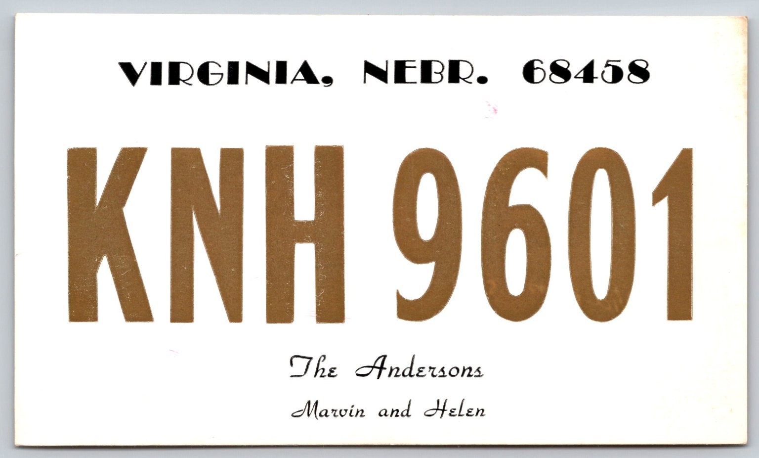 KNH 9601 Virginia, Nebraska CB Radio QSL Postcard Andersons 1960s-70s C131