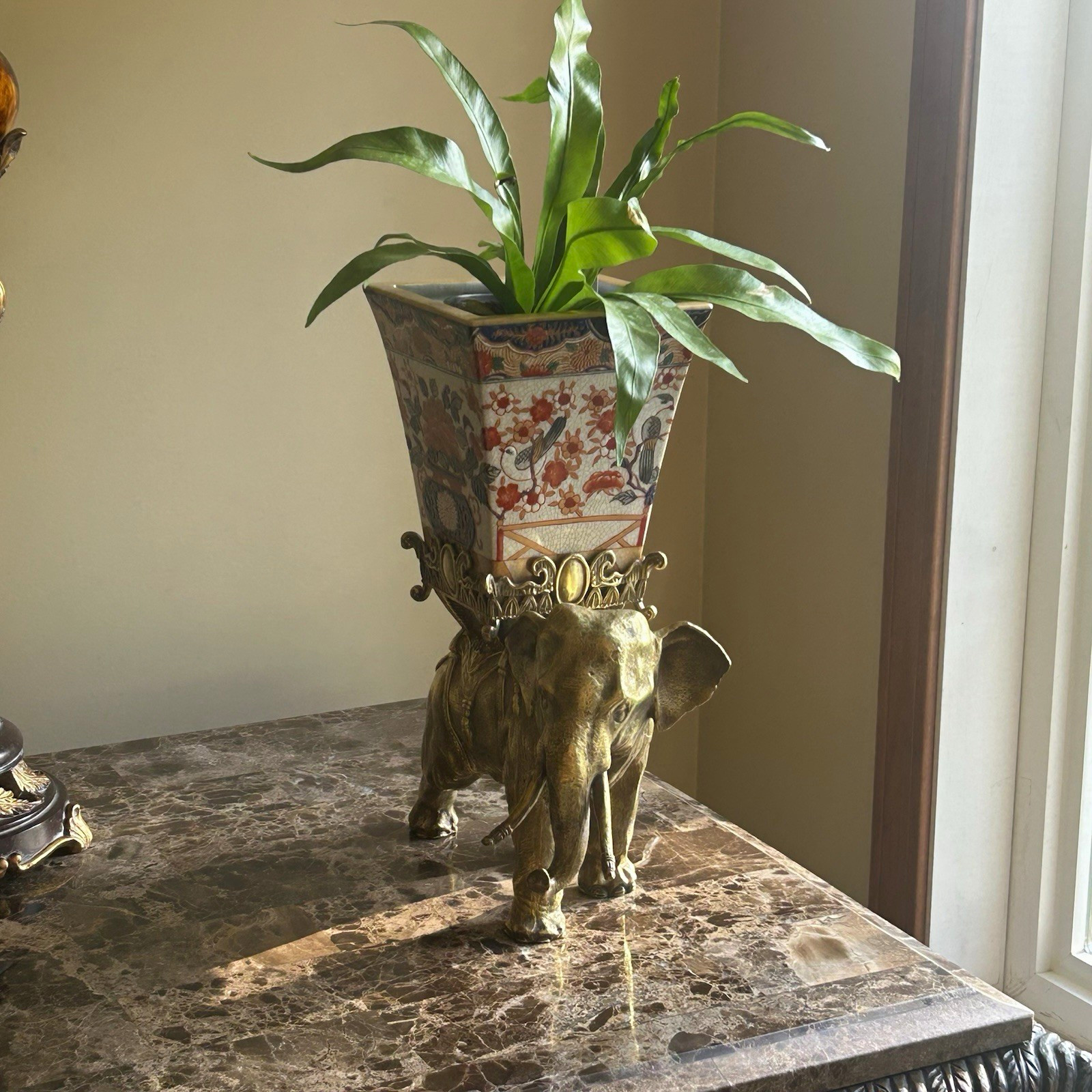 Asian Elephant brass Metal Porcelain ceramic Planter vase Floral  Antique 