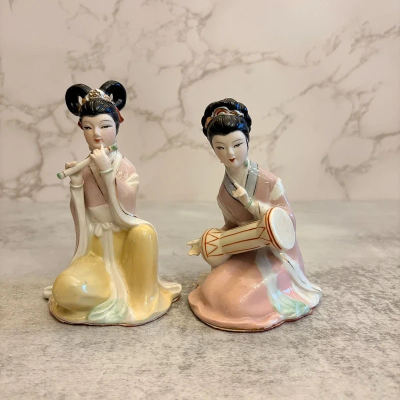 Vintage Asian Chinese Porcelain Lady Musician Figurines Flute Drum Pair 4.5