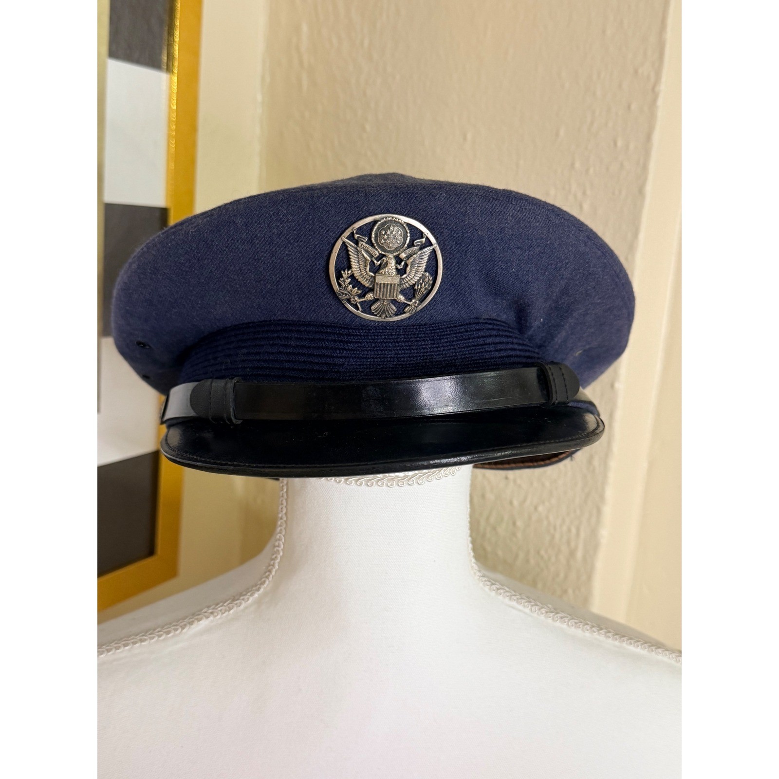 Vintage US Air Force USAF Service Cap Navy Blue Military Dress Hat Eagle Emblem