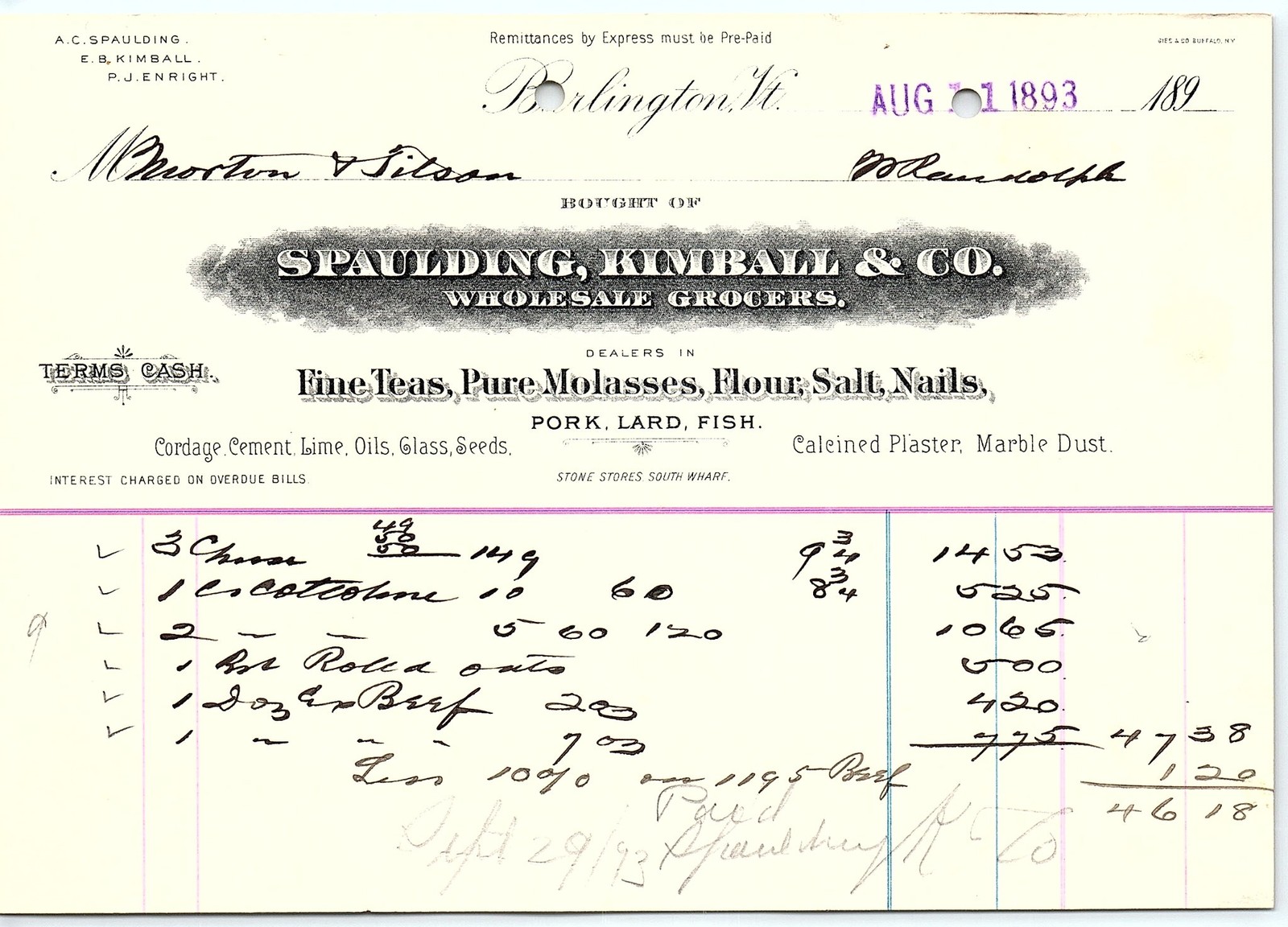 Vintage 1893 Burlington VT Wholesale Grocer Billhead