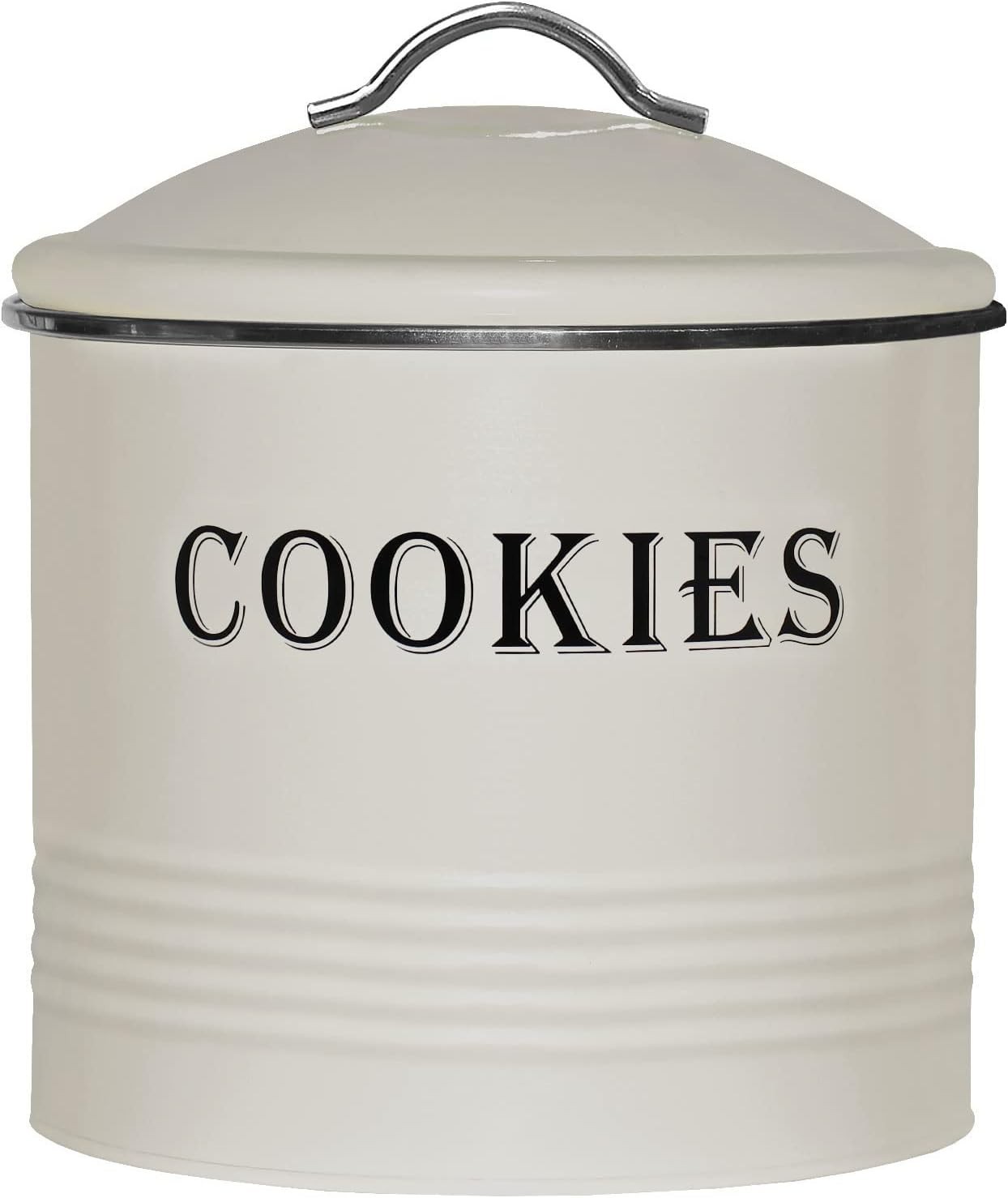 Vintage Cookie Jar, Airtight Ivory Tin Container with Lid, Large Capacity