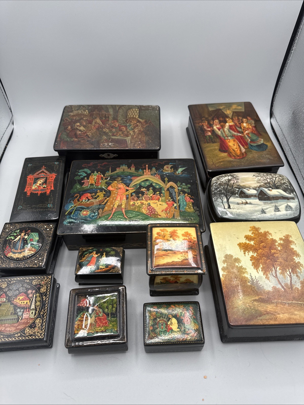 Russian  lacquer boxes Lot Of 12 Vintage USSR Fedoskino, Mstera, Kholuy, Palekh.