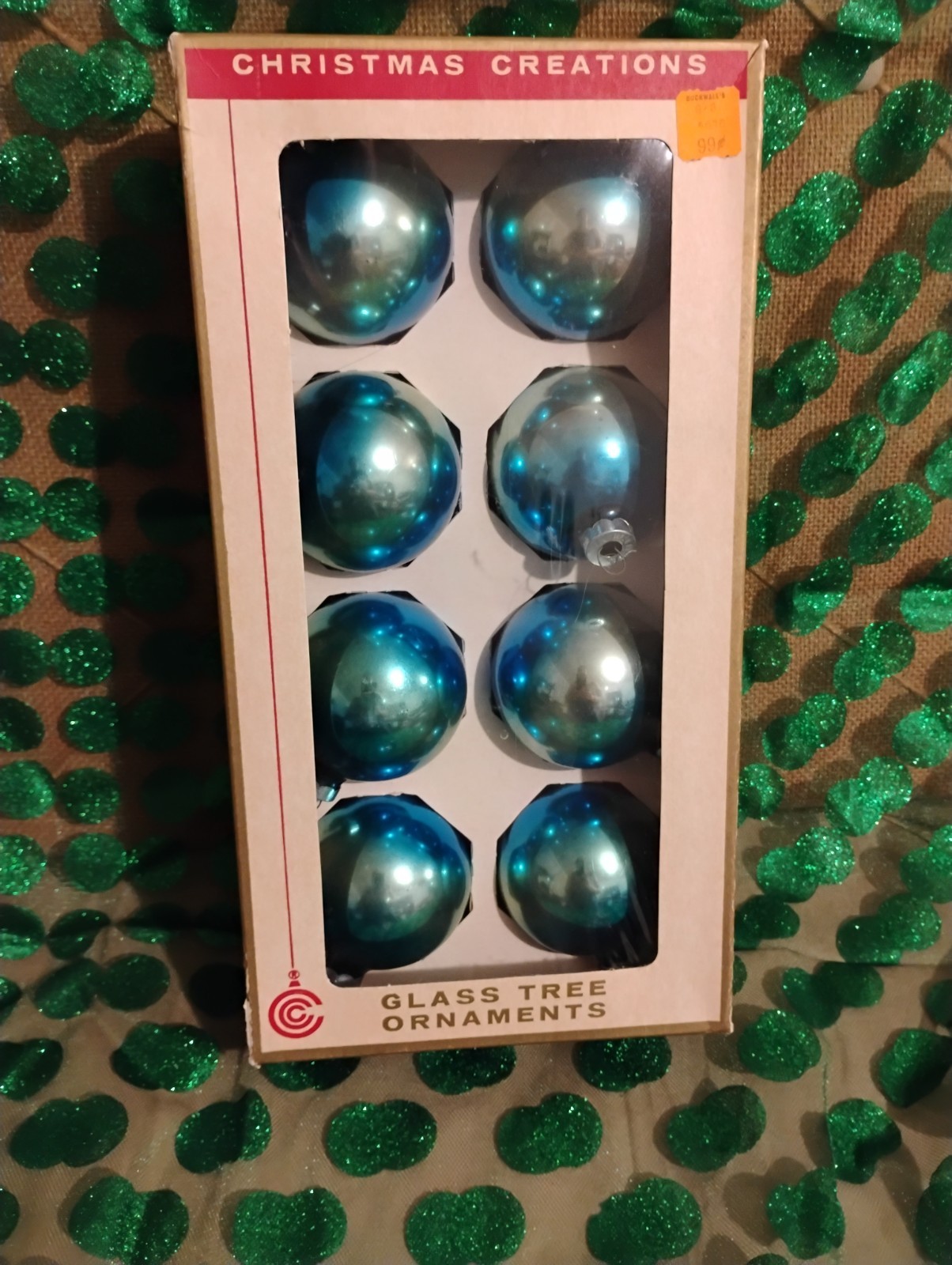 blue glass vintage Christmas ornaments in box 
