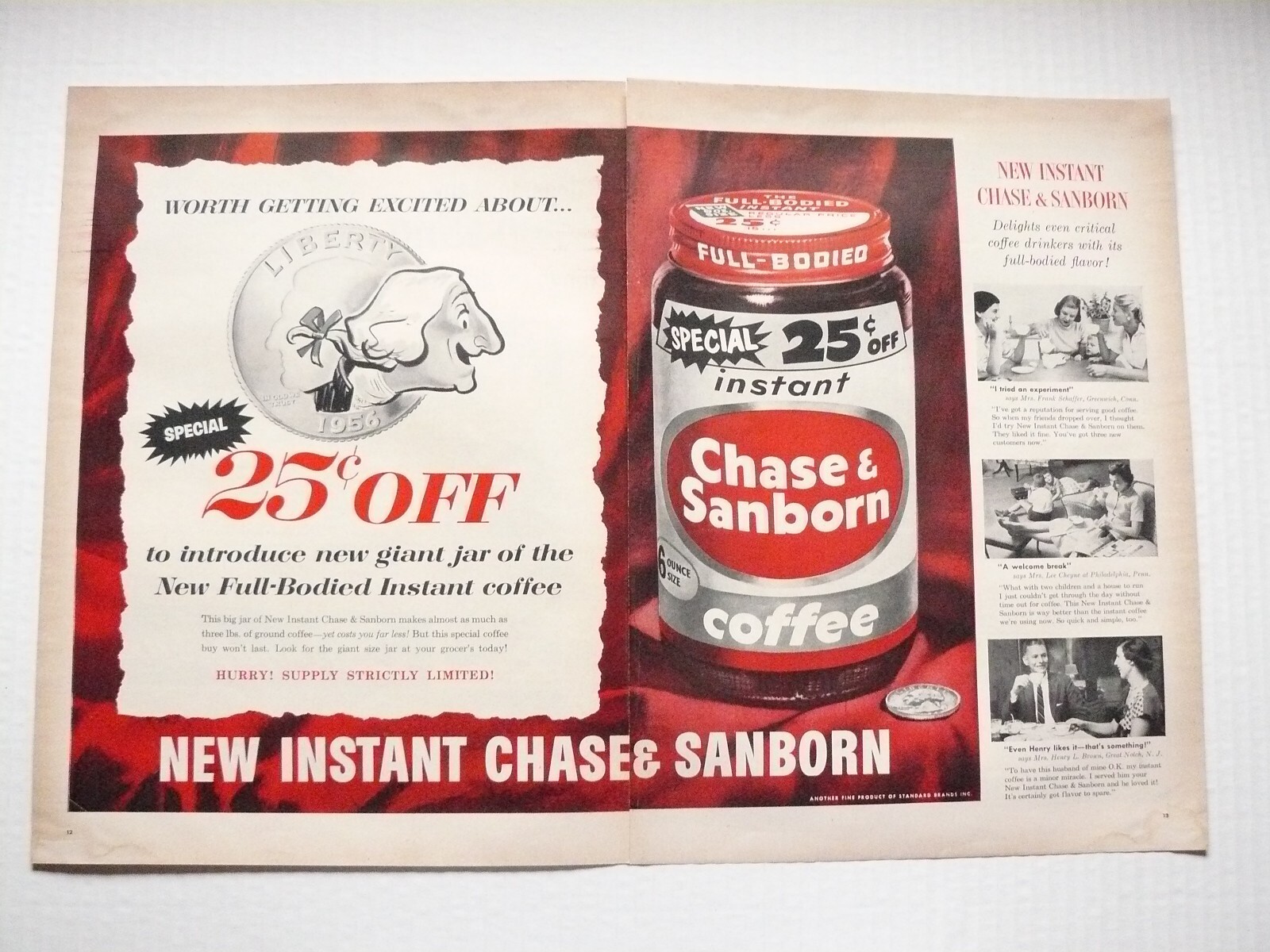 1956 Chase & Sanborn Instant Coffee 25 cents off 2-page Vintage Print Ad