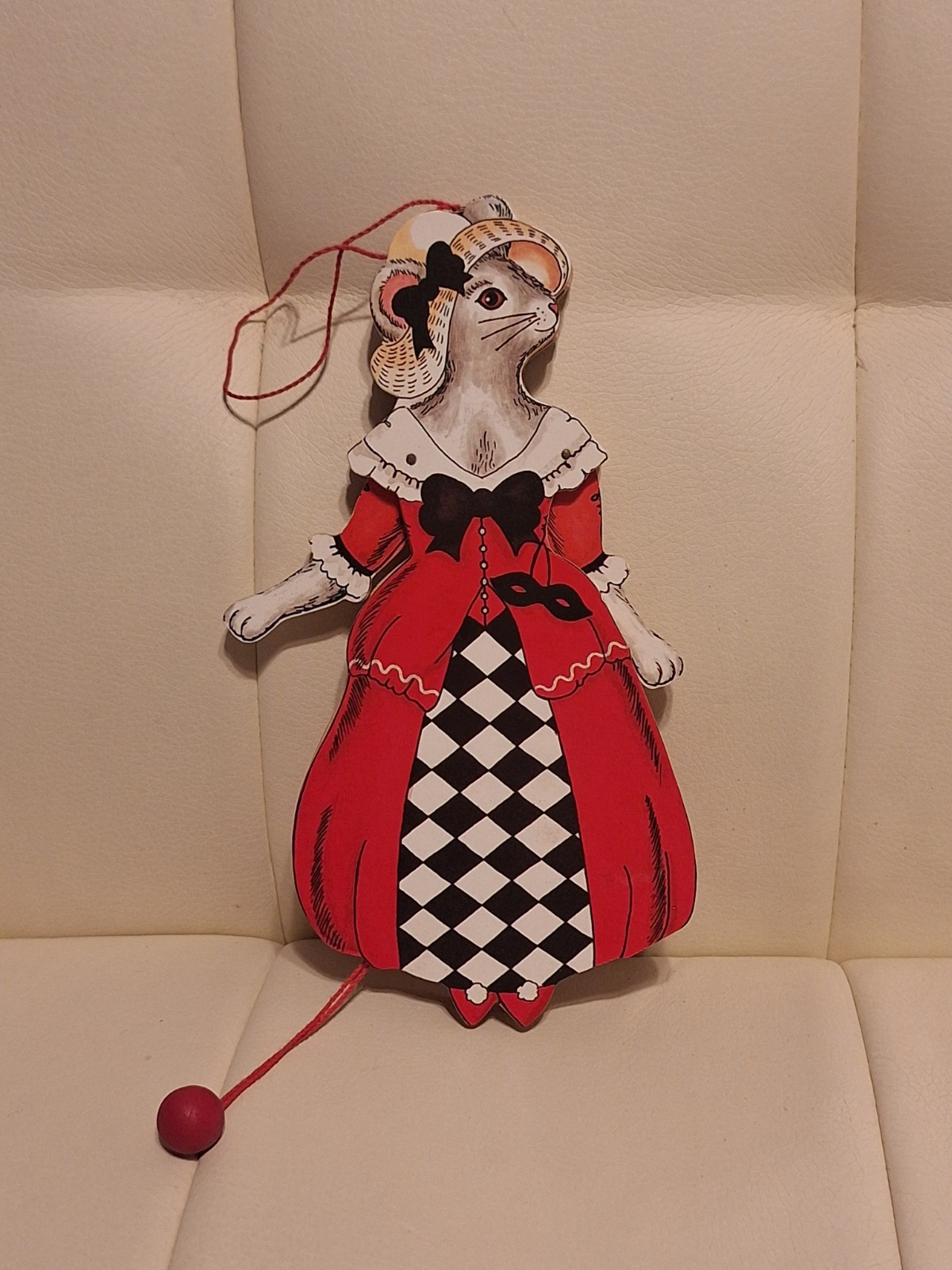 Vtg Wooden Mouse Jumping Jack Pull Toy Ornament Harlequin Masquerade Dress Red
