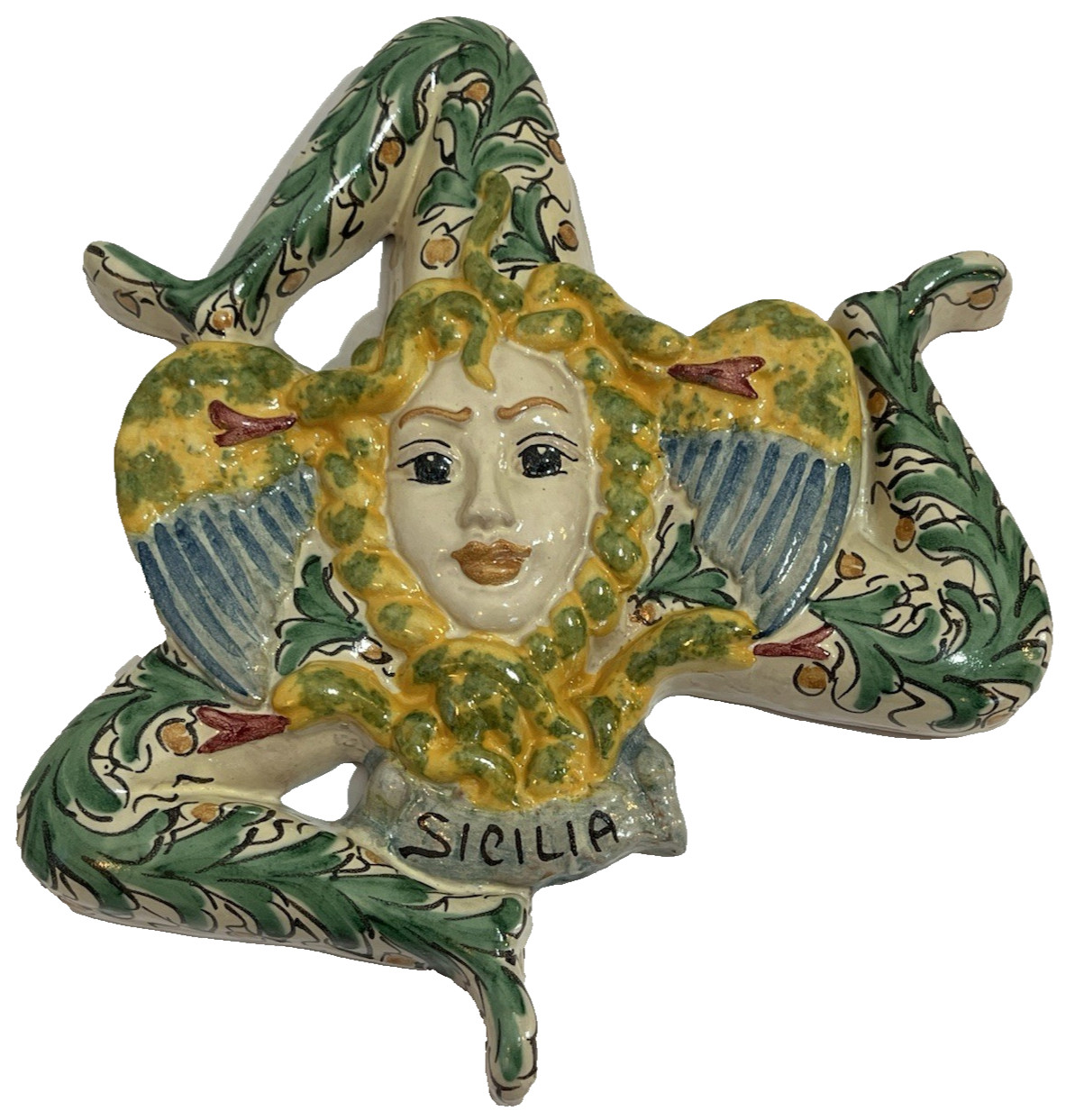 Vintage Sicilian Trinacria Symbol Hand Crafted In Caltagirone Sicily Italy