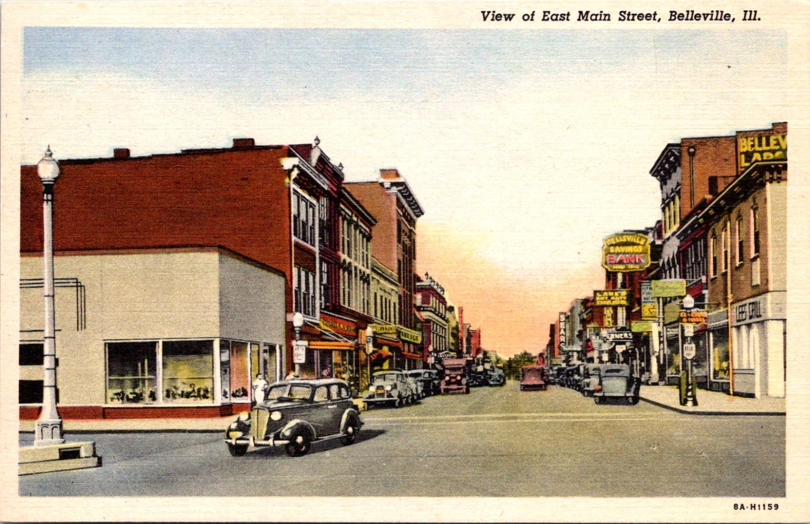 Belleville East Main Street antique Cars Illinois Postcard E101