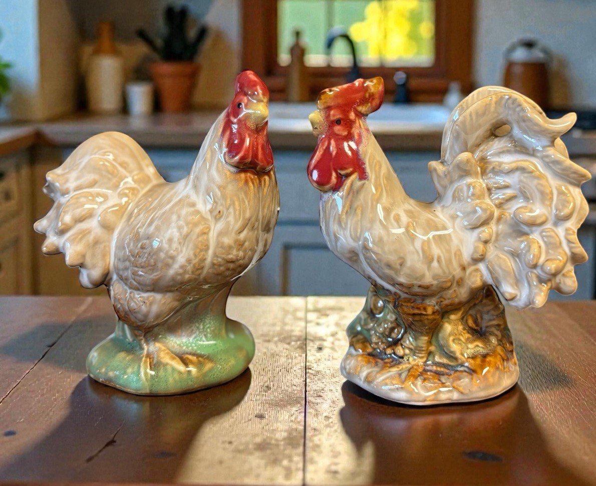 Farmhouse VTG ROOSTER & HEN W Sunflowers Figurine Set 4.5\