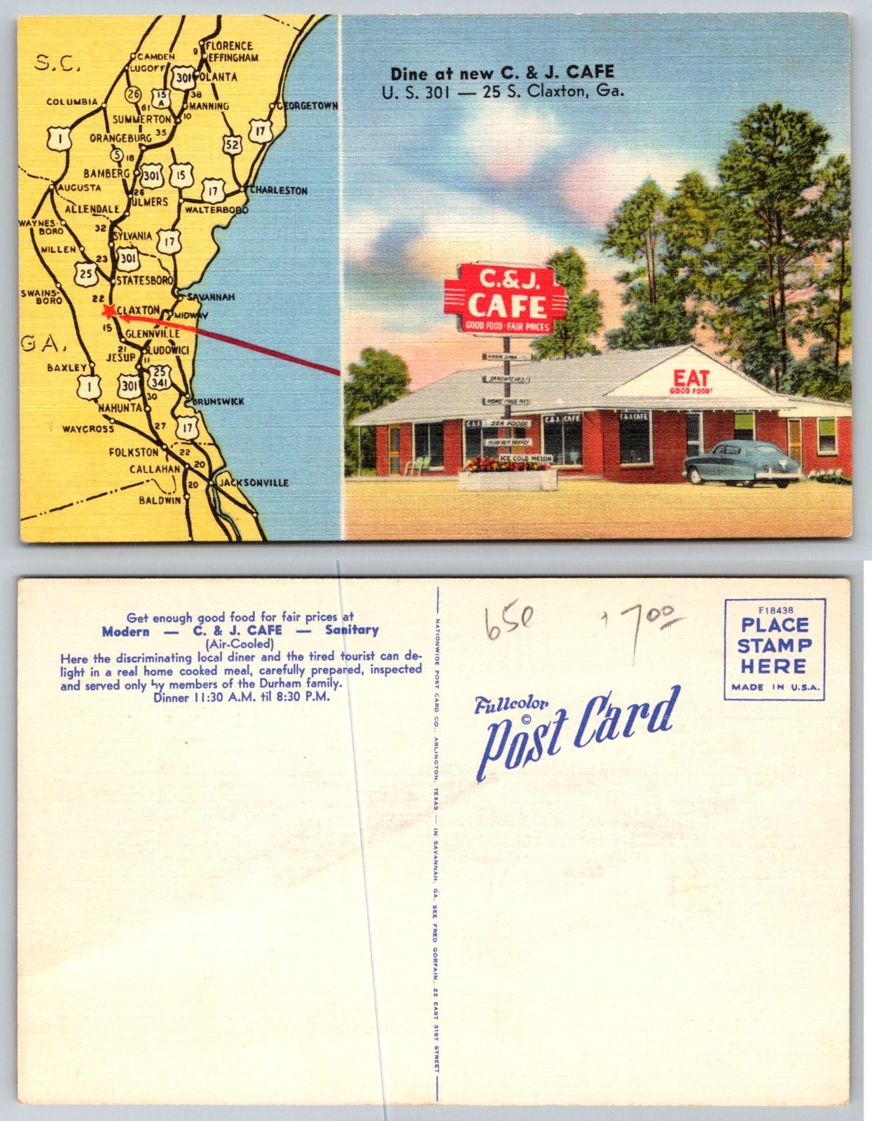 Standard Claxton Georgia C. & J. Cafe Roadside Diner Map Postcard