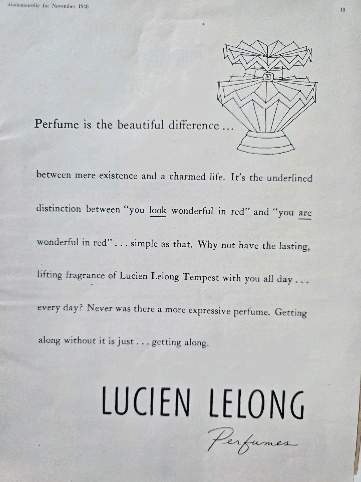 1948 Lucien Lelong Tempest Perfume Vintage Art ad 