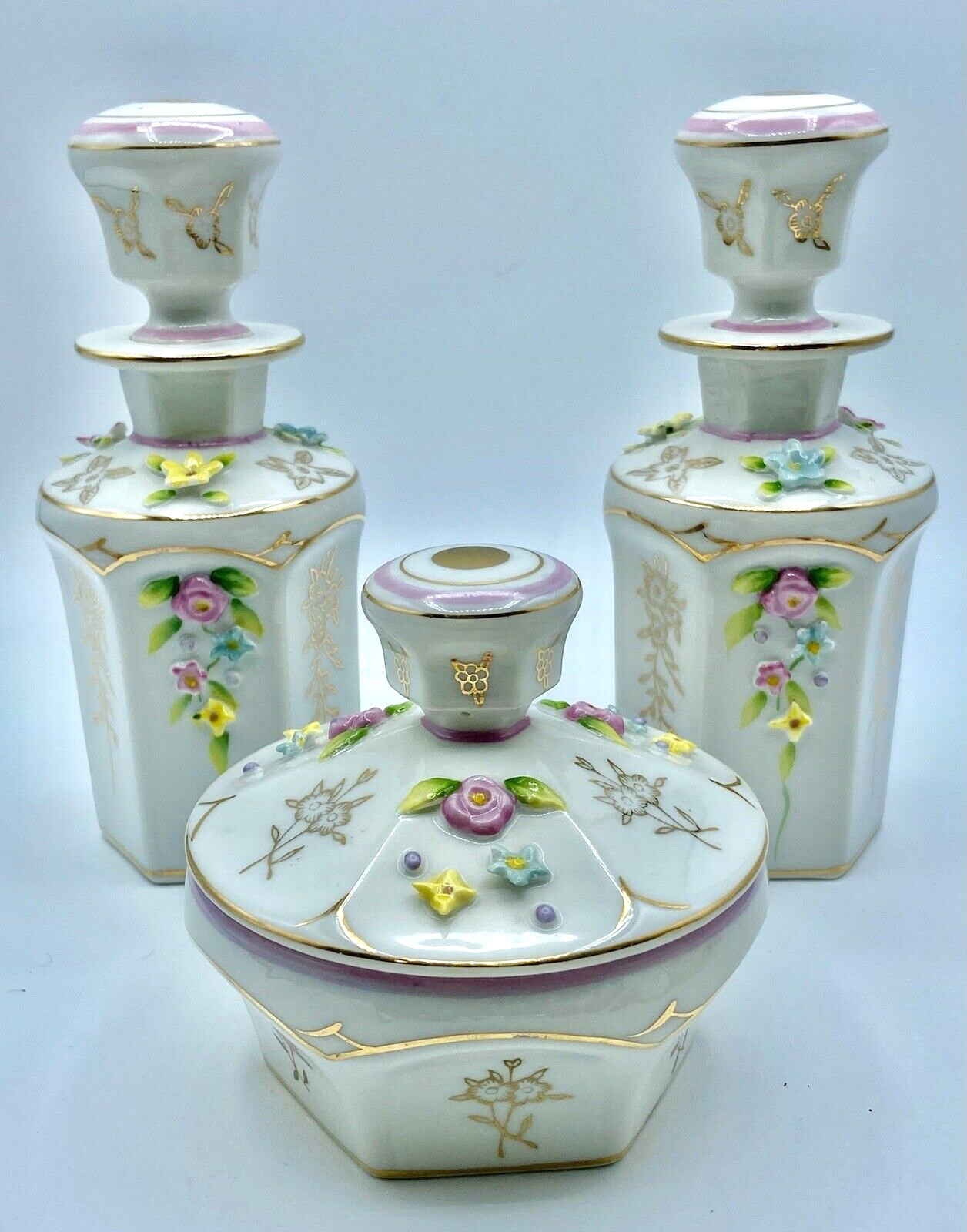 Vintage Candrea 3 Pc. Dresser Set, Made In Japan, Applied Flowers Vintage Candrea 3 Pc. Dresser Set, Made In Japan, Applied Flowers