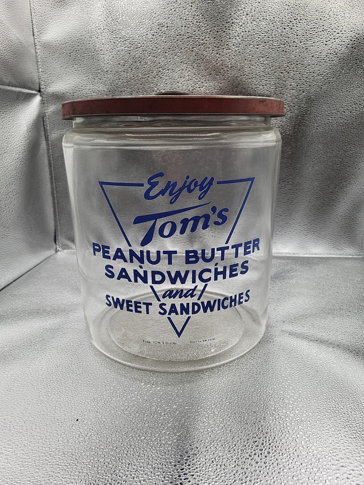 Vtg. Tom’s Peanut Butter Sandwiches Glass Jar Store Counter Display w/ Metal Lid