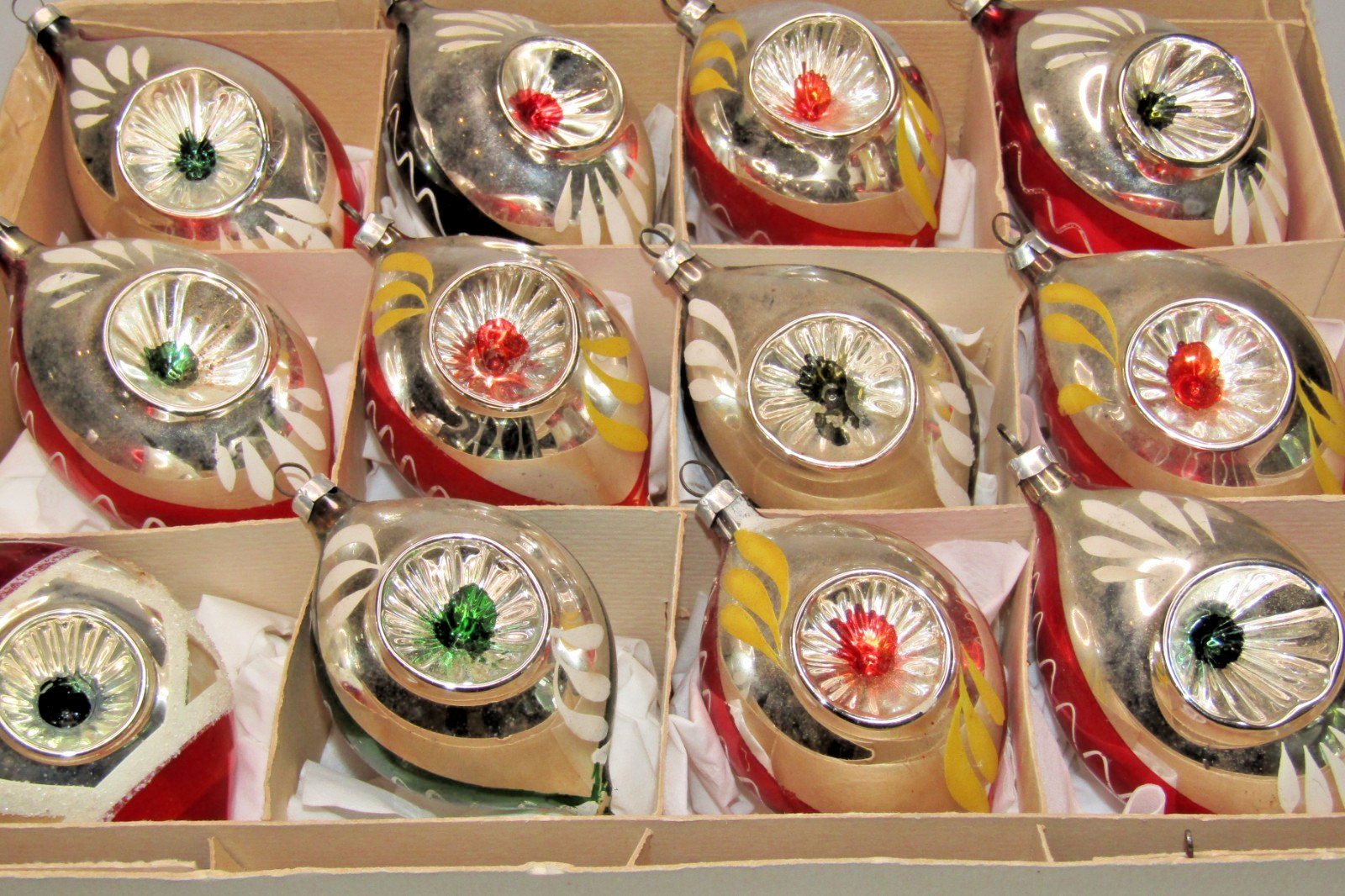 Lot Vintage Glass Pictured Double Indent Large DROP Christmas Ornaments Czech
